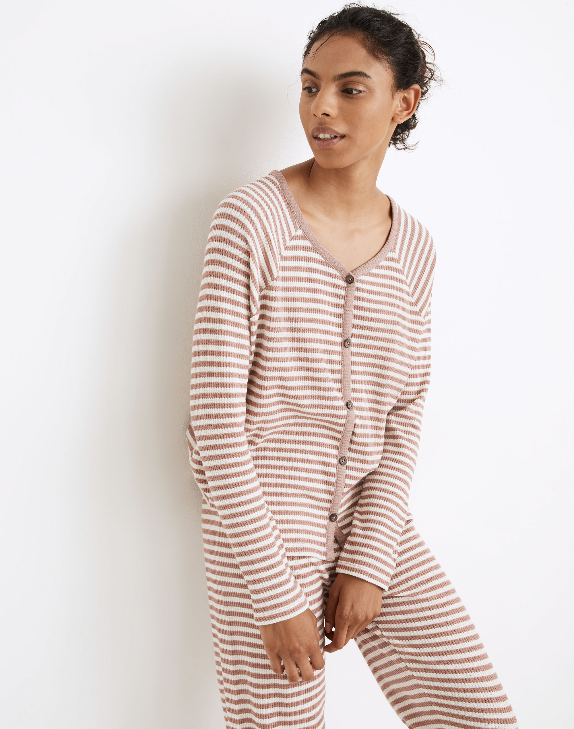 Waffle Knit Button-Front Pajama Top in Lorain Stripe