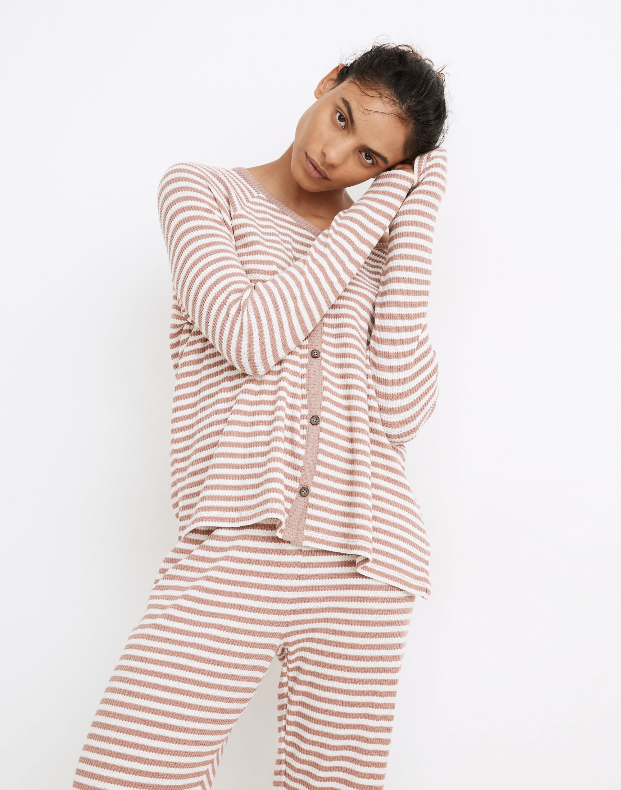 Waffle Knit Button-Front Pajama Top in Lorain Stripe
