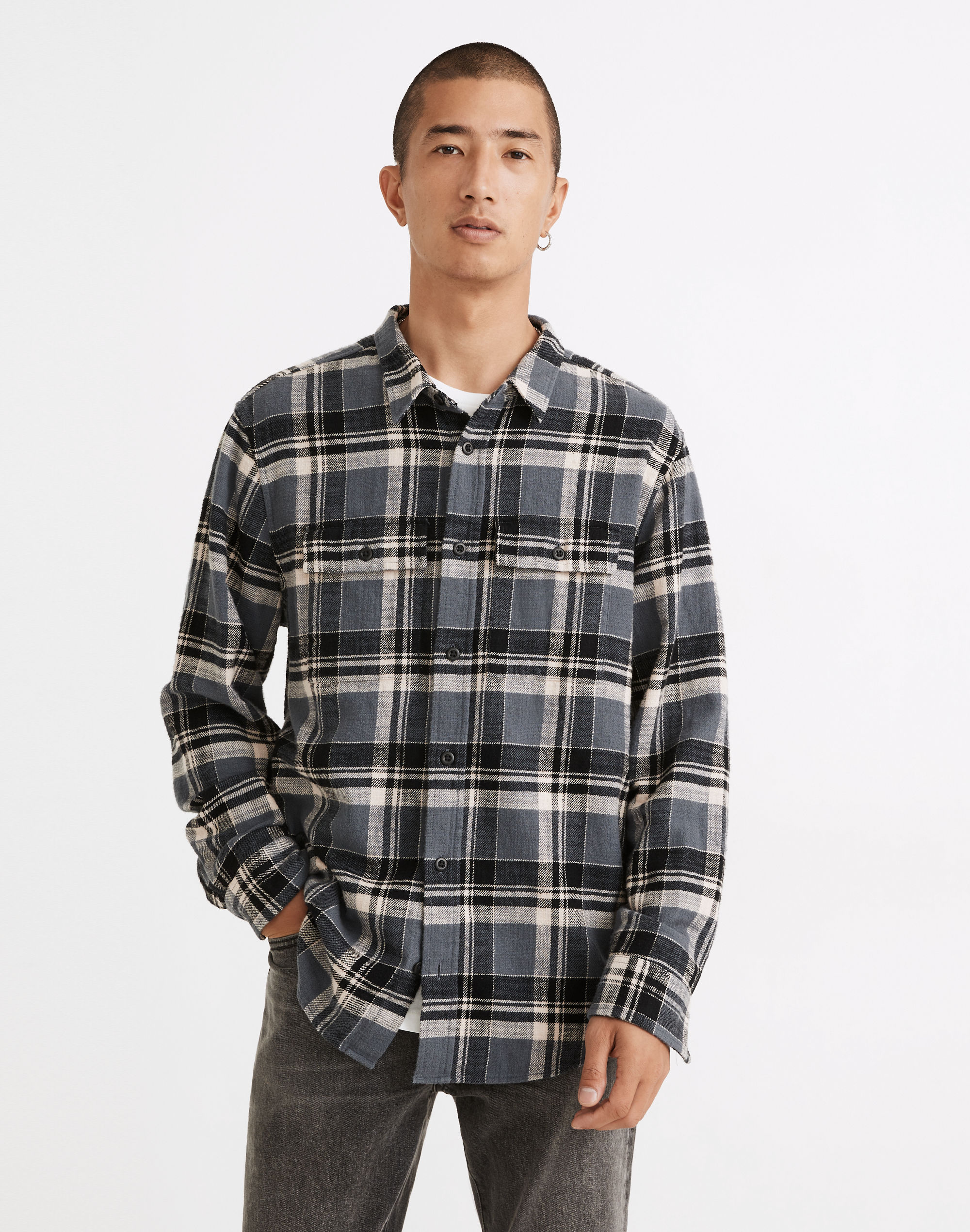 Slub Flannel Perfect Long-Sleeve Shirt in Plaid