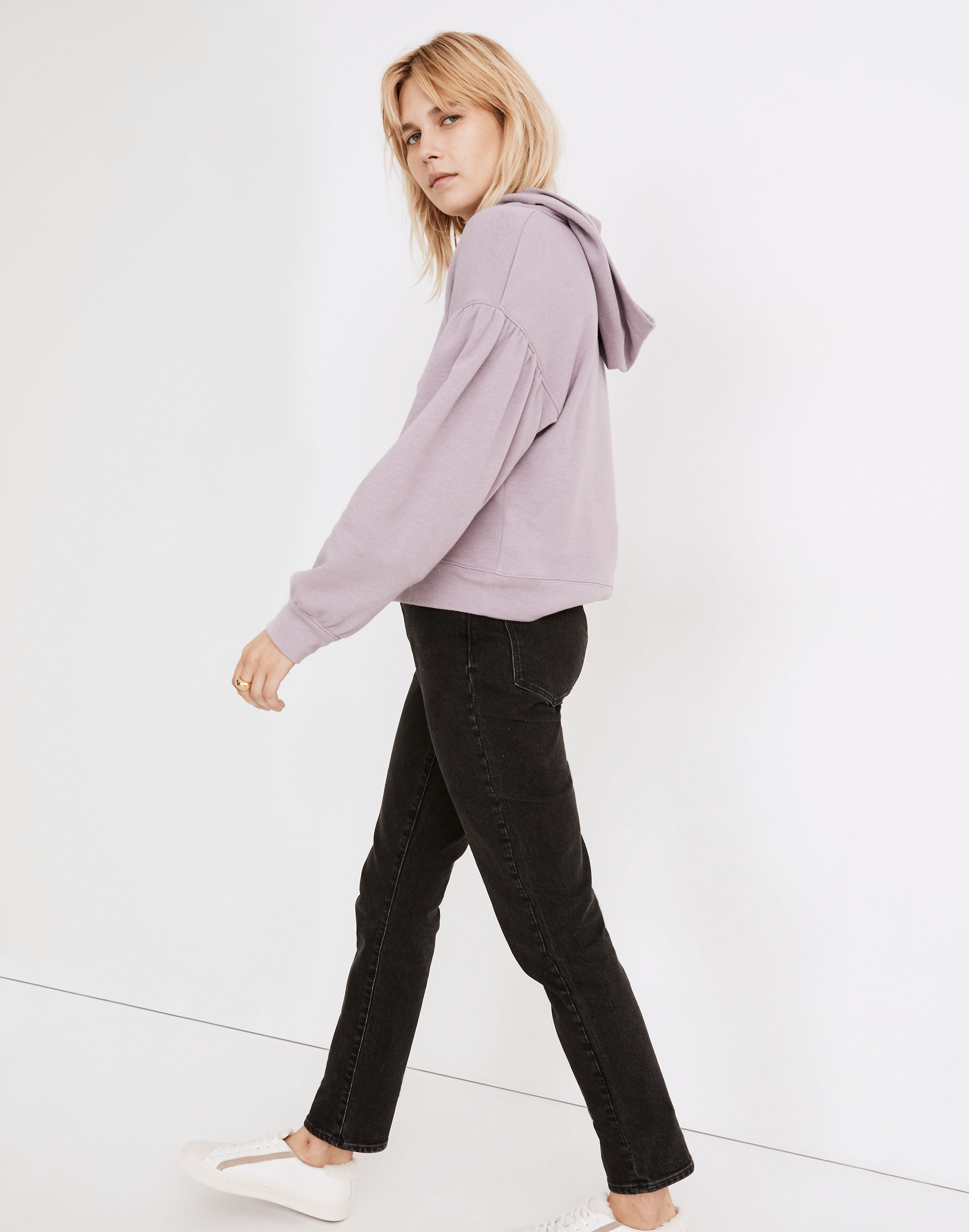 Pleat-Sleeve Shrunken Hoodie Sweatshirt