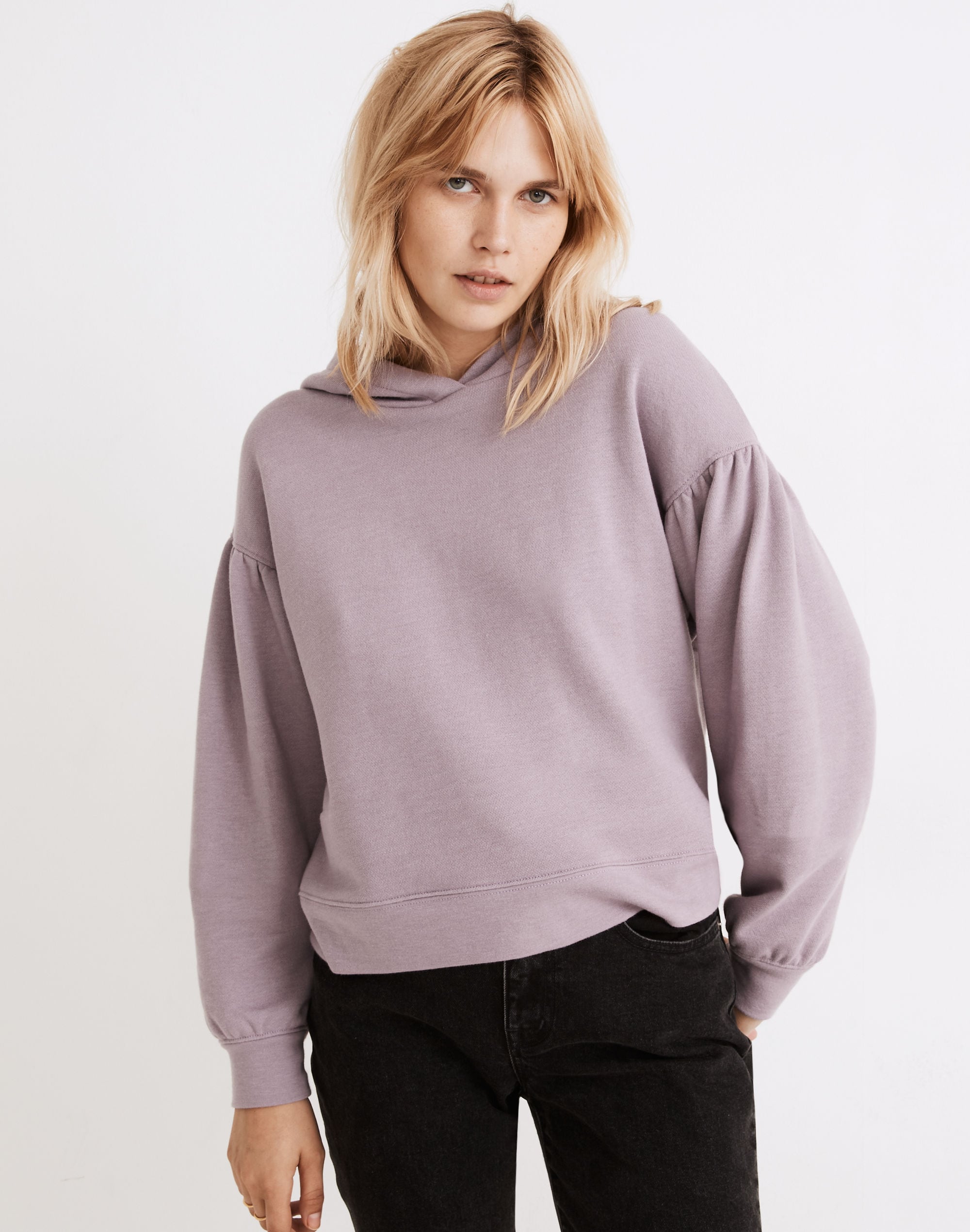 Pleat-Sleeve Shrunken Hoodie Sweatshirt