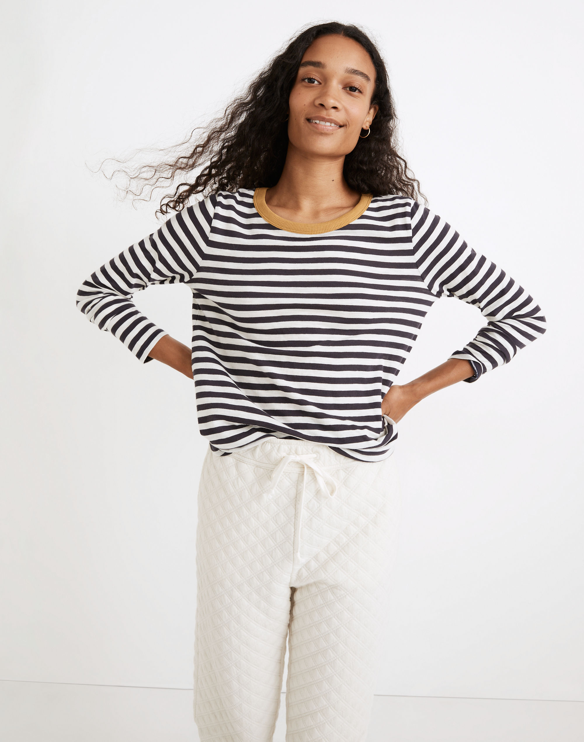 PEAR LONG TEE /BLK meer.メアー Whisper Cotton Rib-Crewneck Long-Sleeve Tee in Mulford Stripe