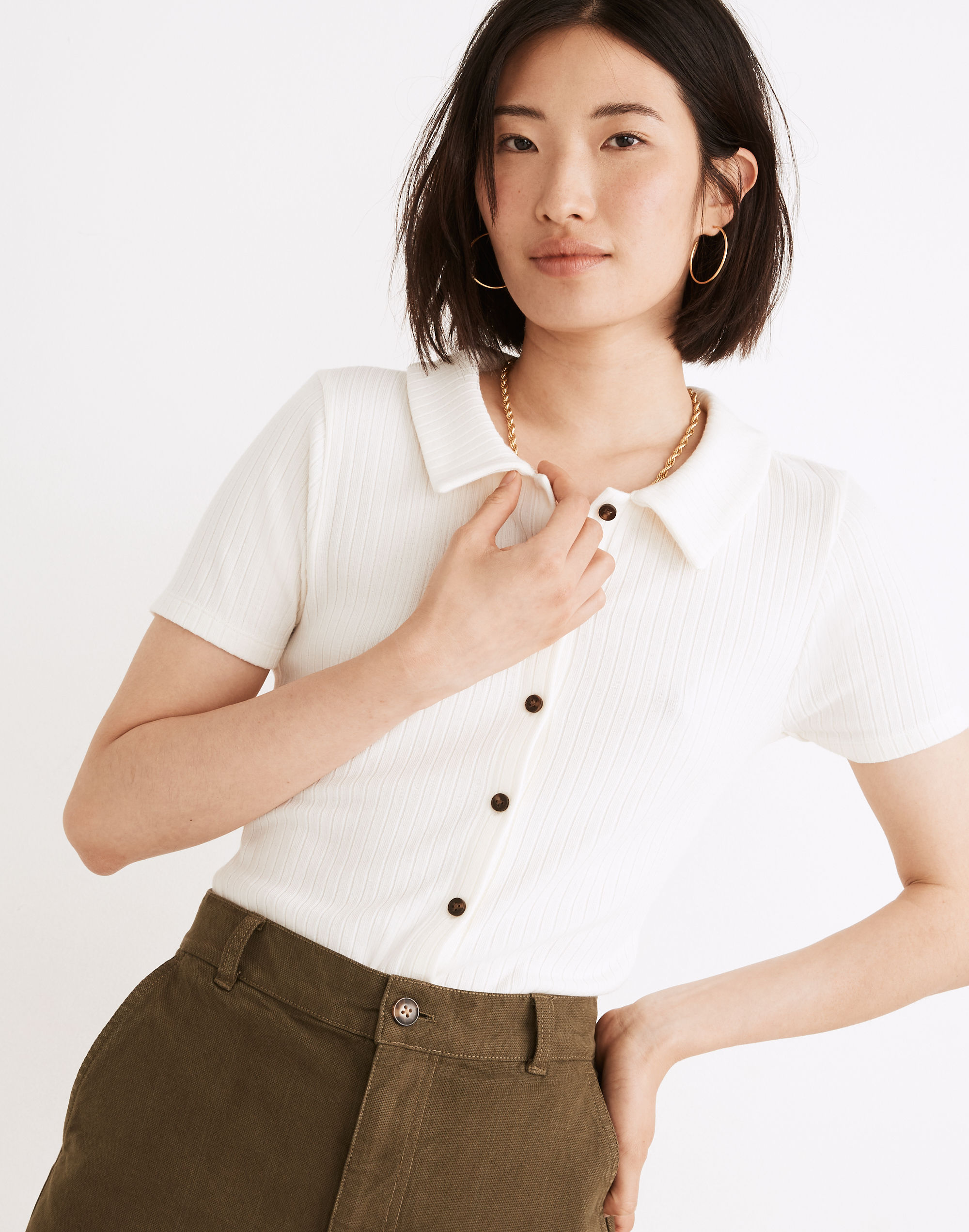Ribbed Polo Button-Front Tee