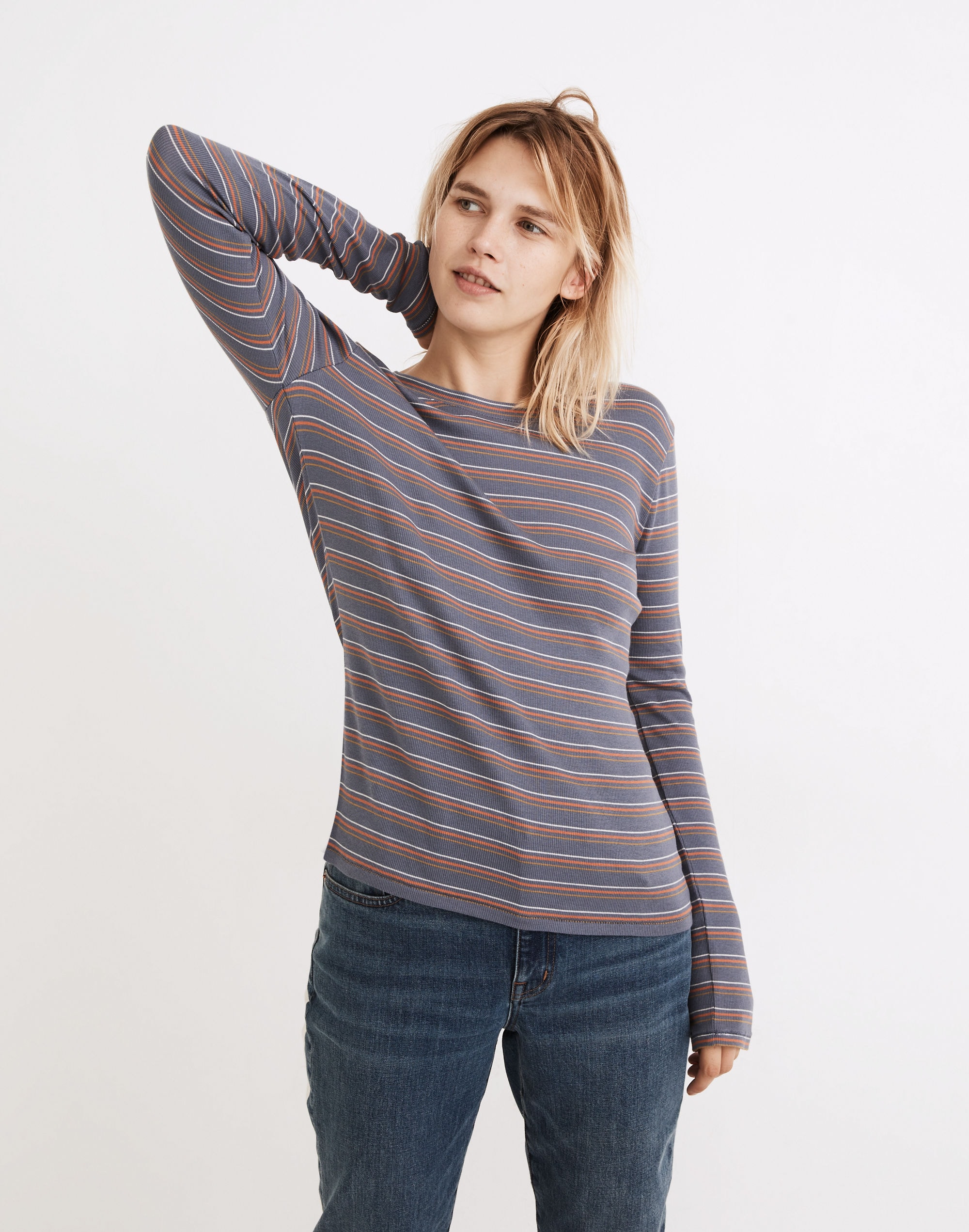 Fine Ribbed Crewneck Long-Sleeve Tee in Givan Stripe