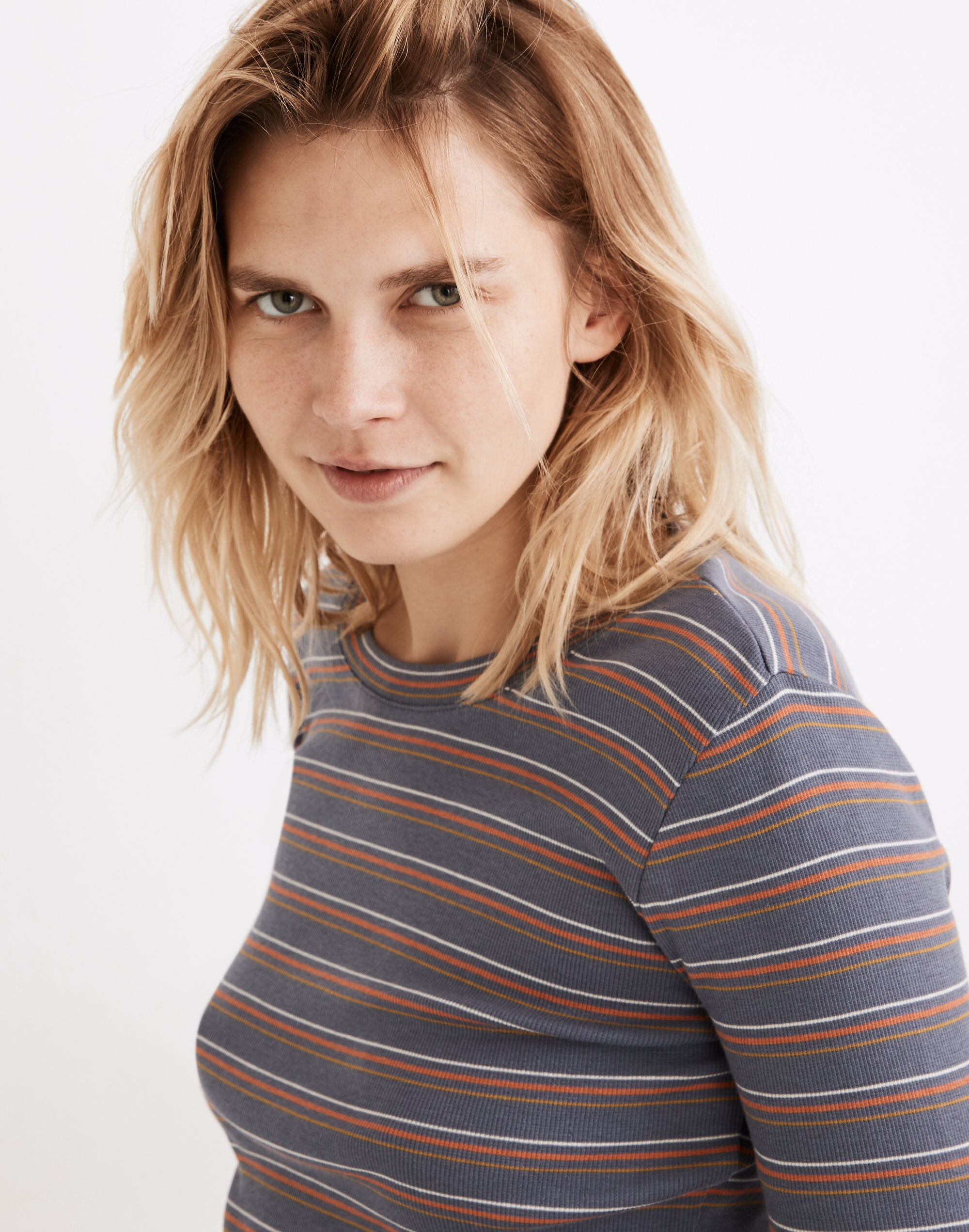 Fine Ribbed Crewneck Long-Sleeve Tee in Givan Stripe