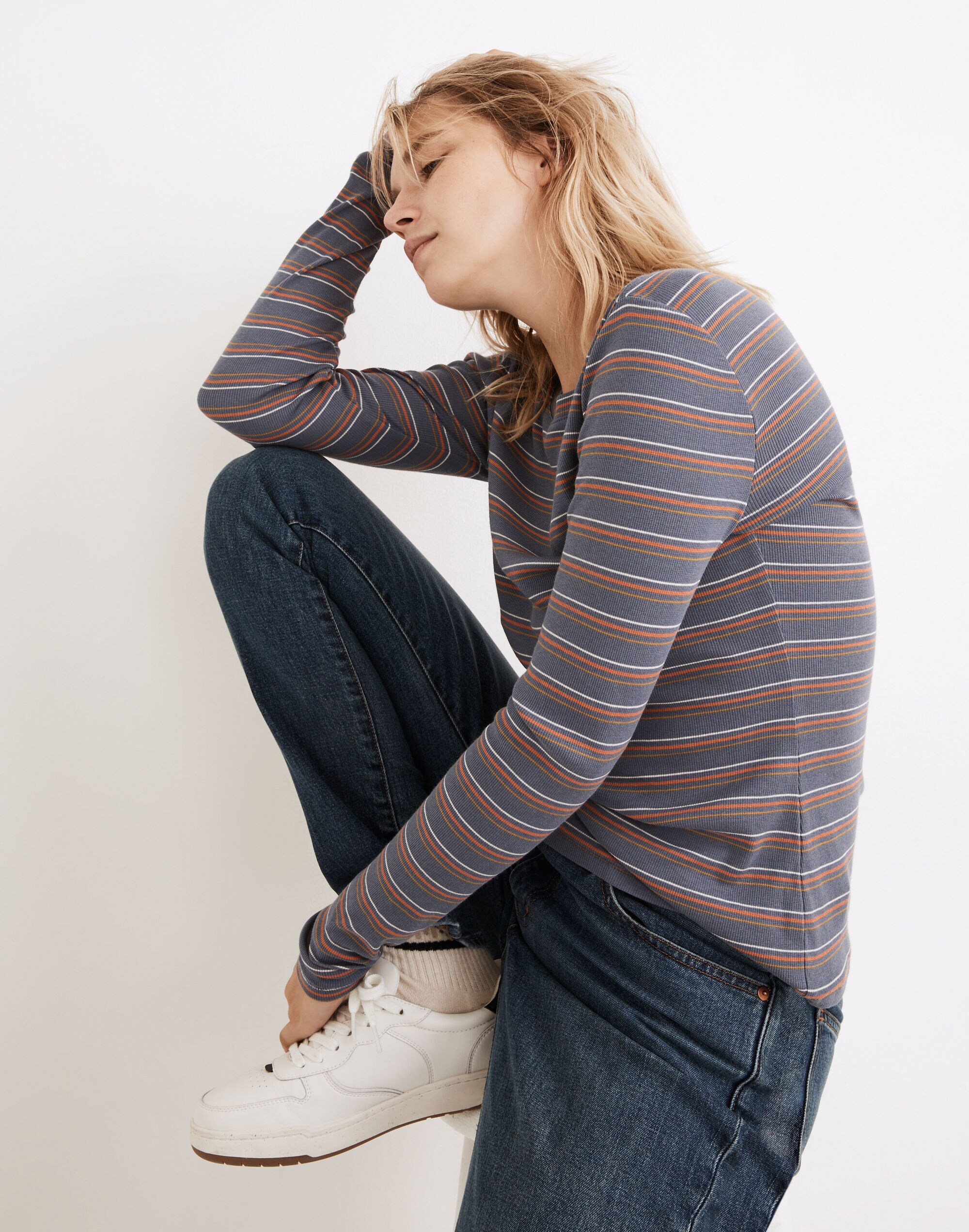 Fine Ribbed Crewneck Long-Sleeve Tee in Givan Stripe