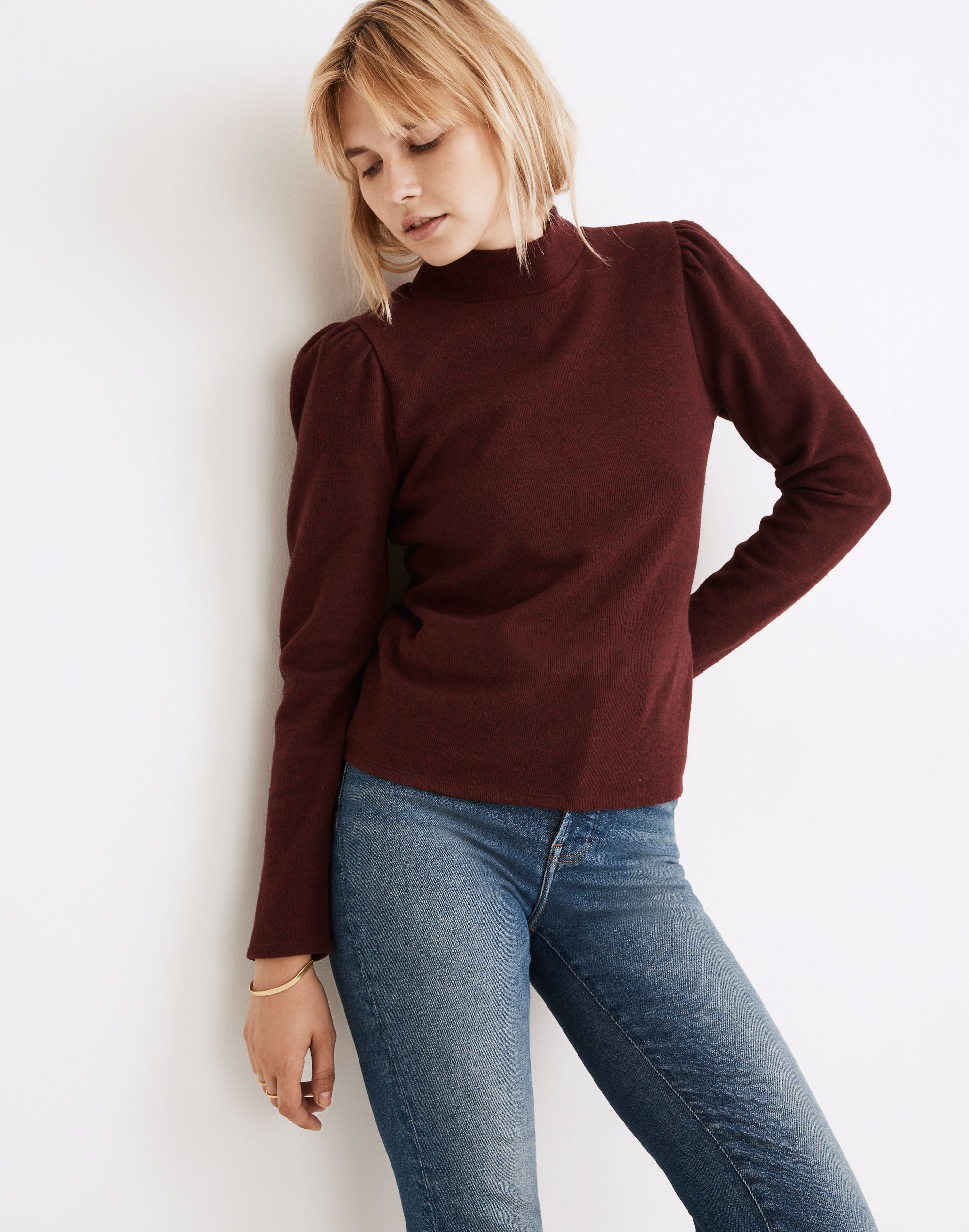 (Re)sourced Plush Mockneck Puff-Sleeve Top