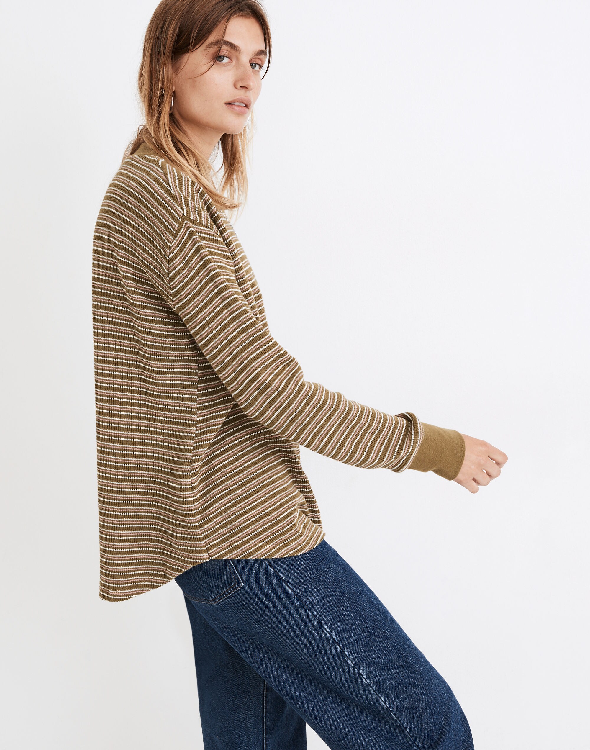 Mockneck Waffle Sweatshirt Tee in Stripe