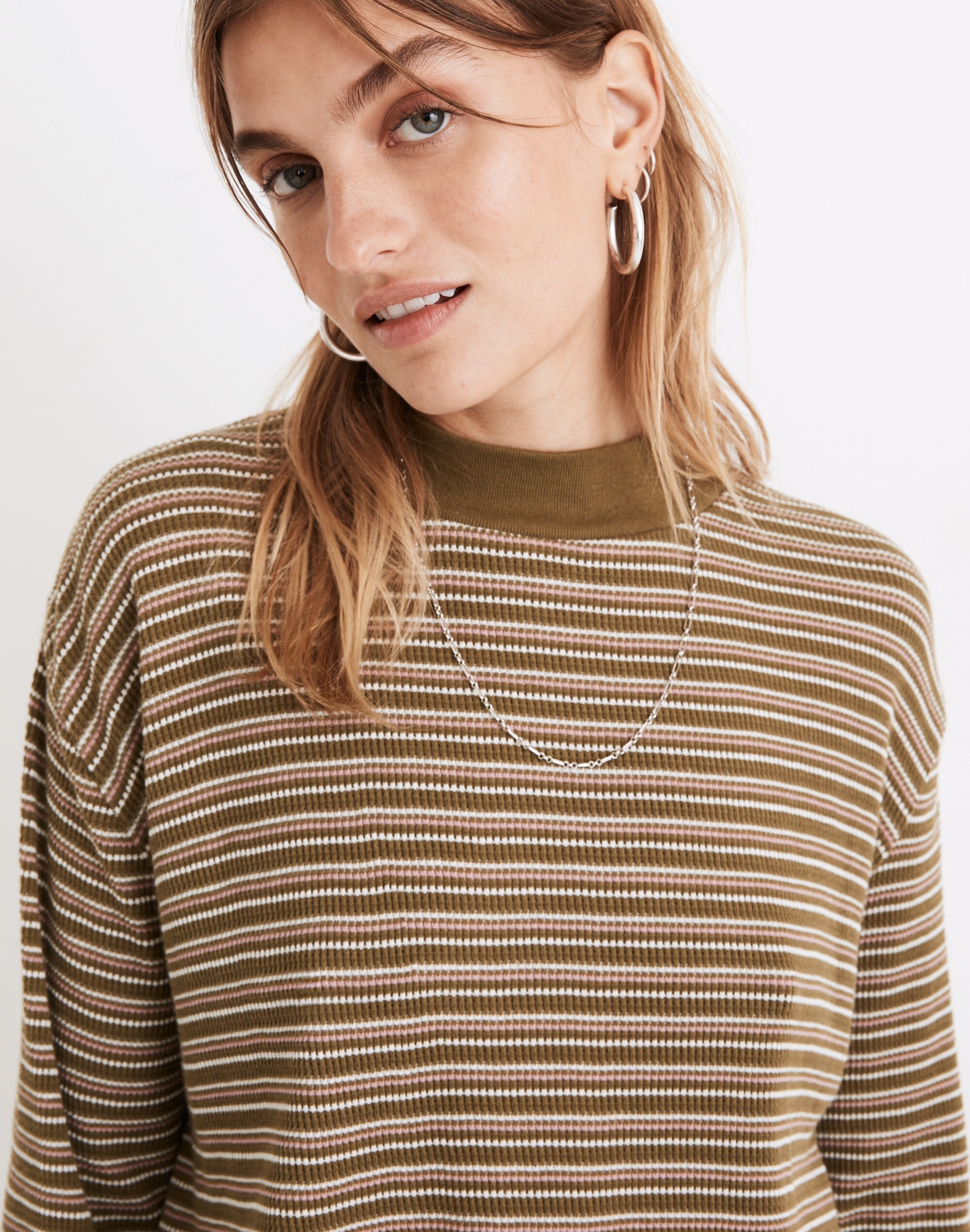 Mockneck Waffle Sweatshirt Tee in Stripe