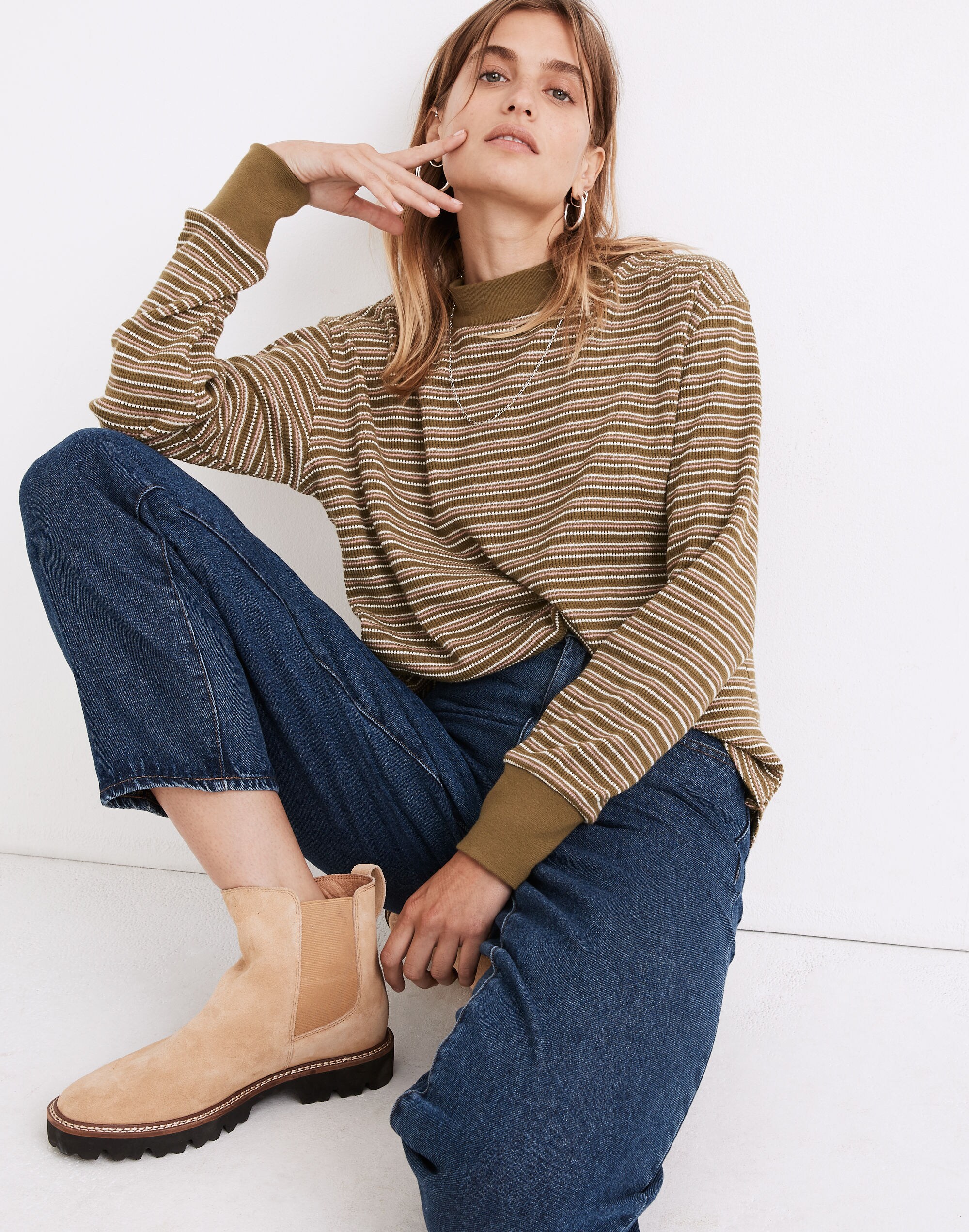 Mockneck Waffle Sweatshirt Tee in Stripe