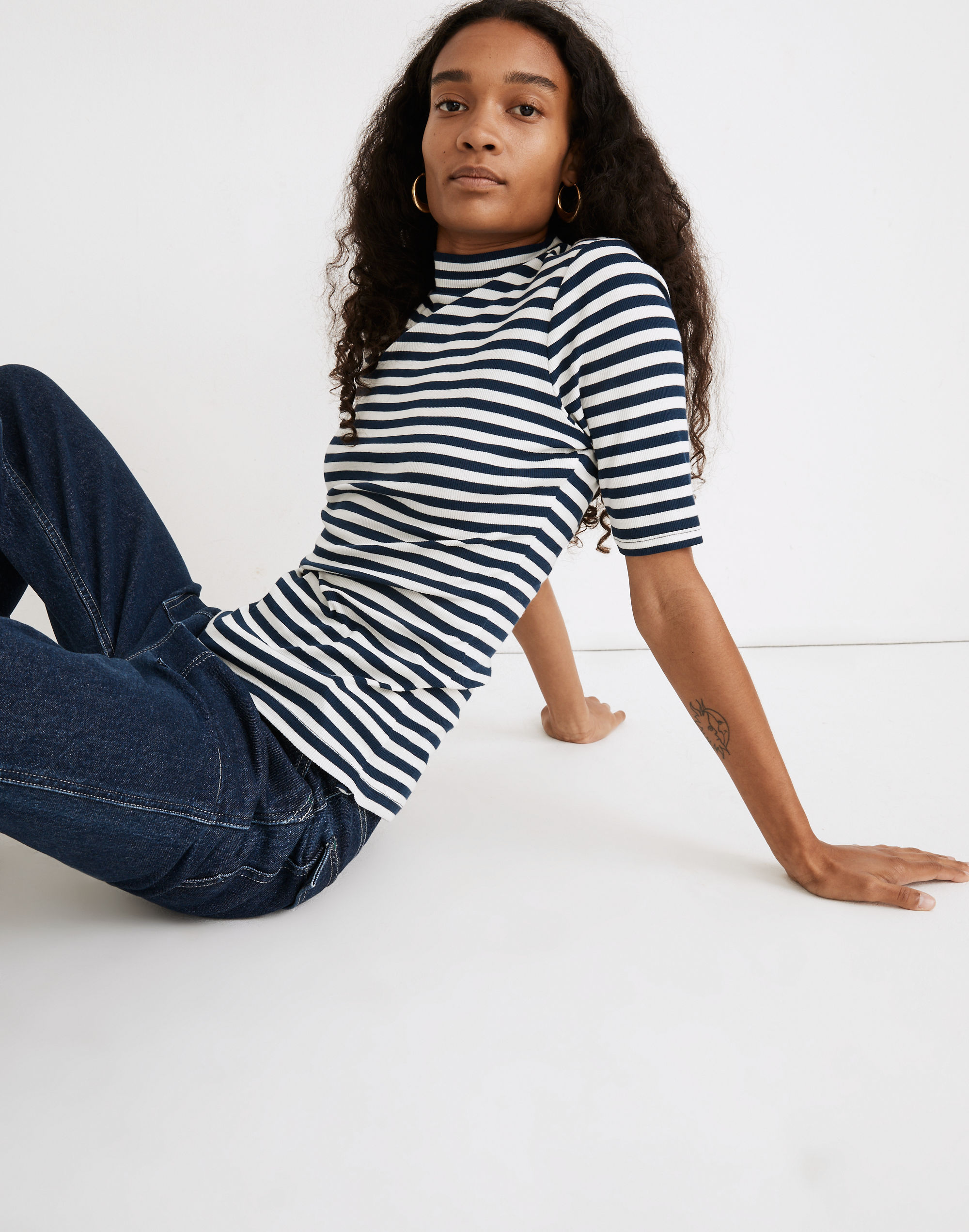 Drapey-Rib Mockneck Top in Stripe