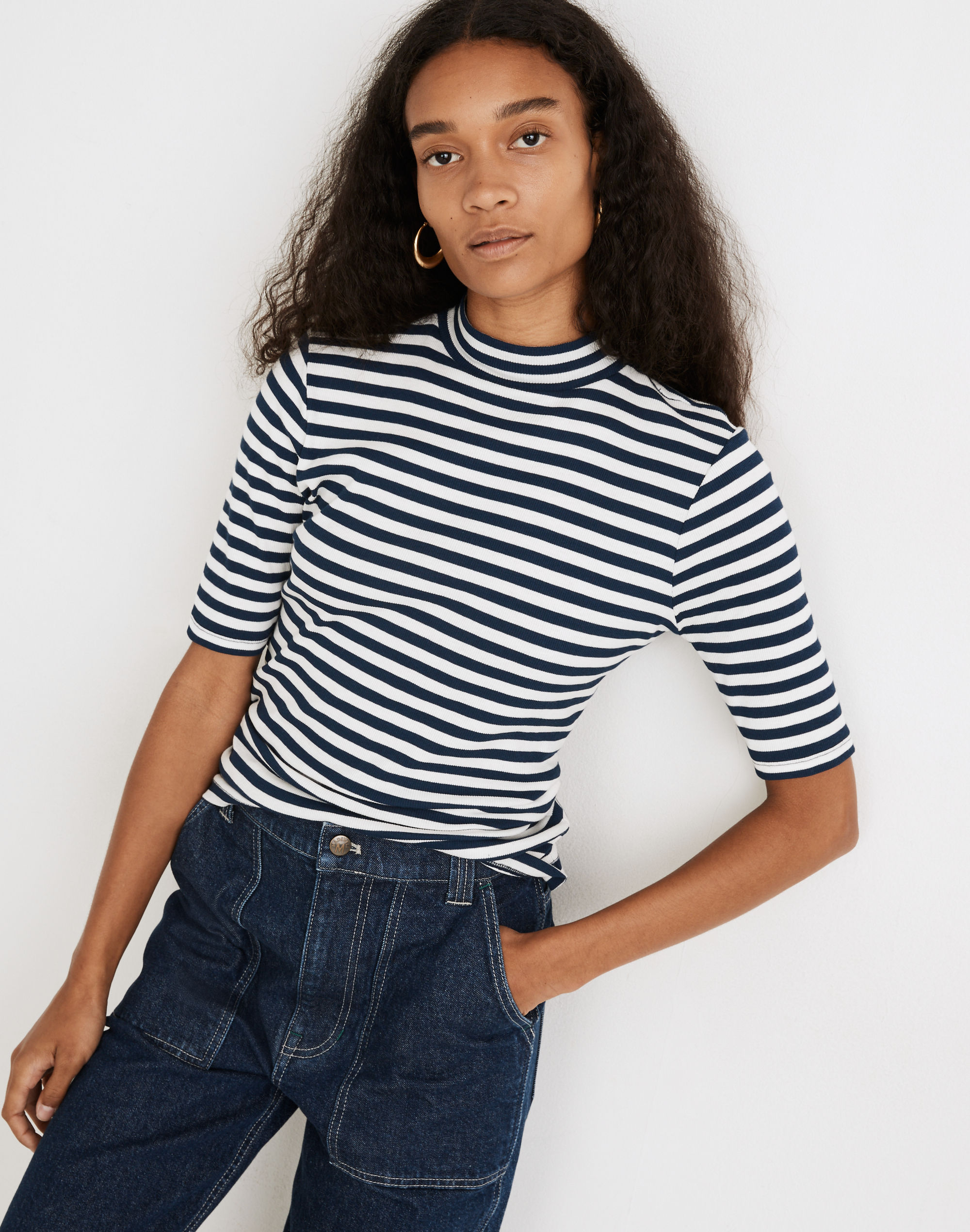 Drapey-Rib Mockneck Top in Stripe