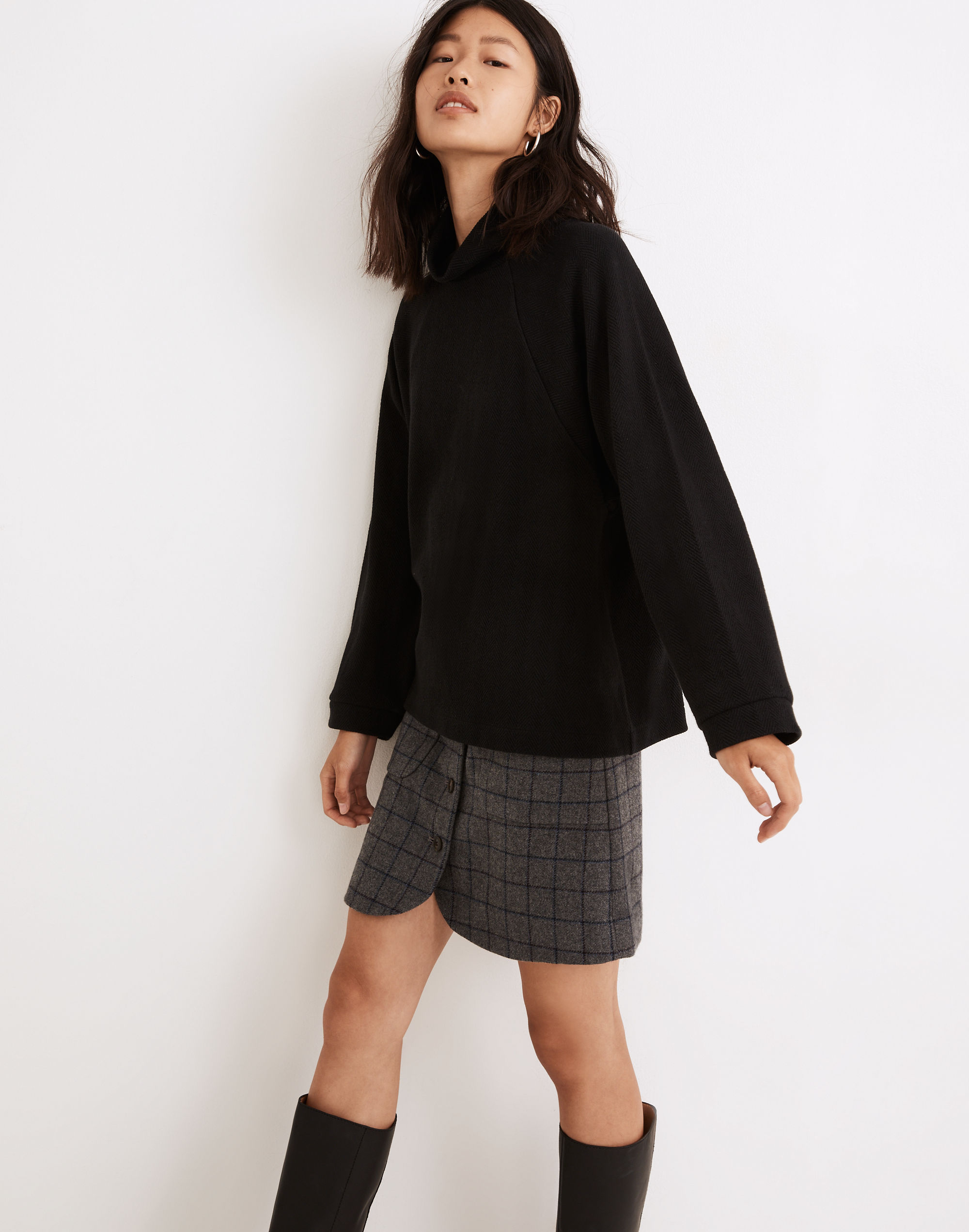 brushed herringbone jacquard turtleneck top