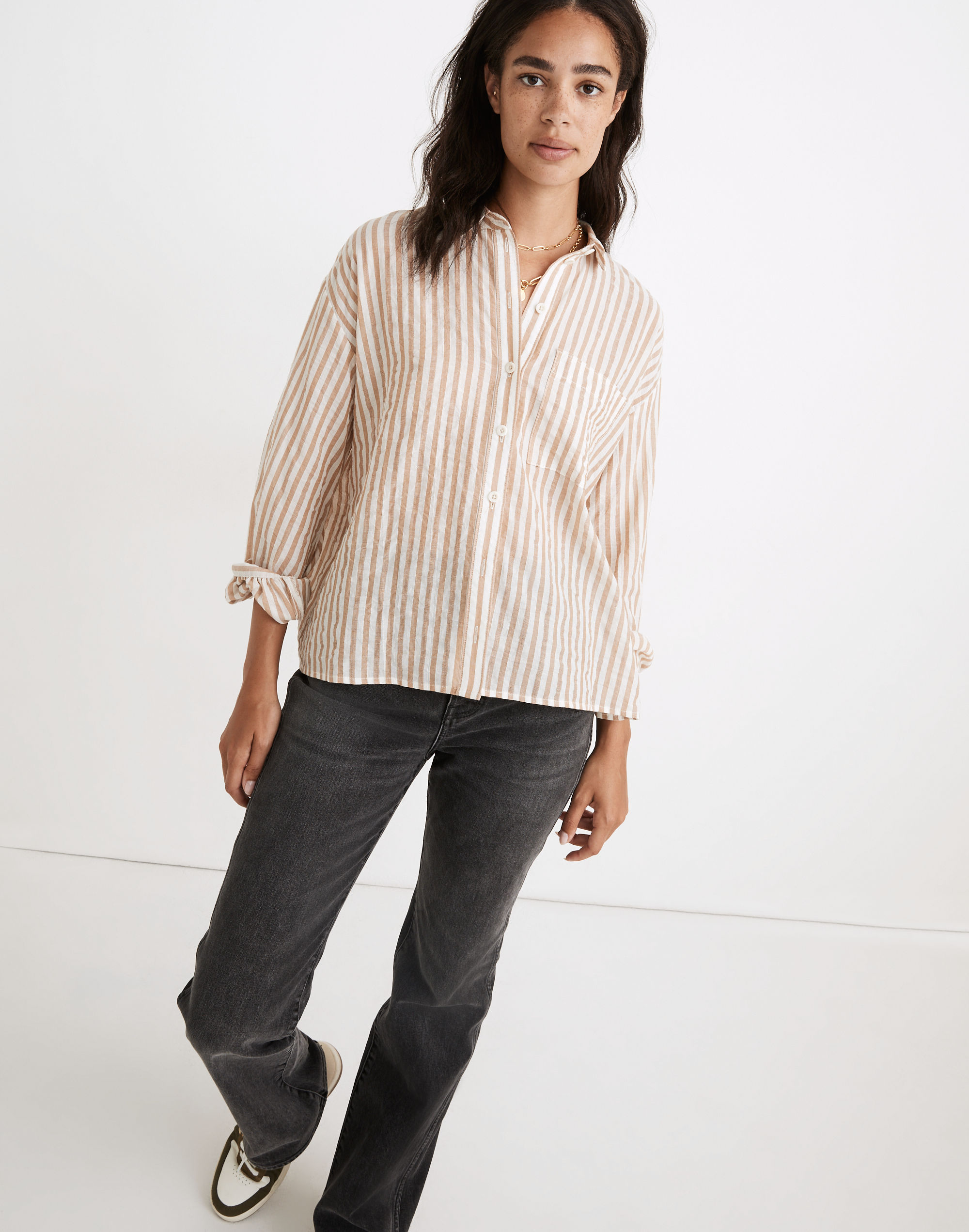 shirred-sleeve westlake shirt in totten stripe