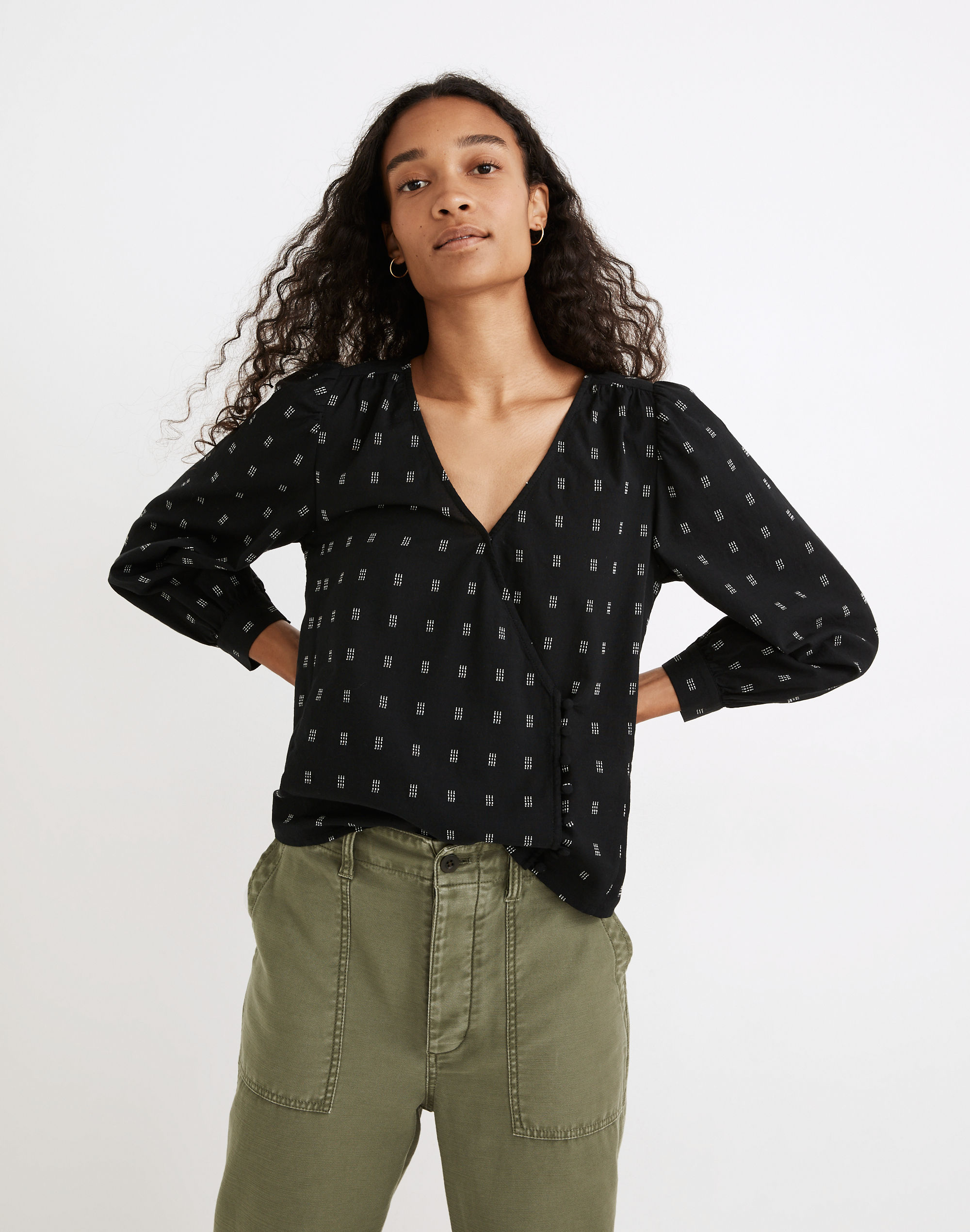 kinston side-button wrap top in textured dobby