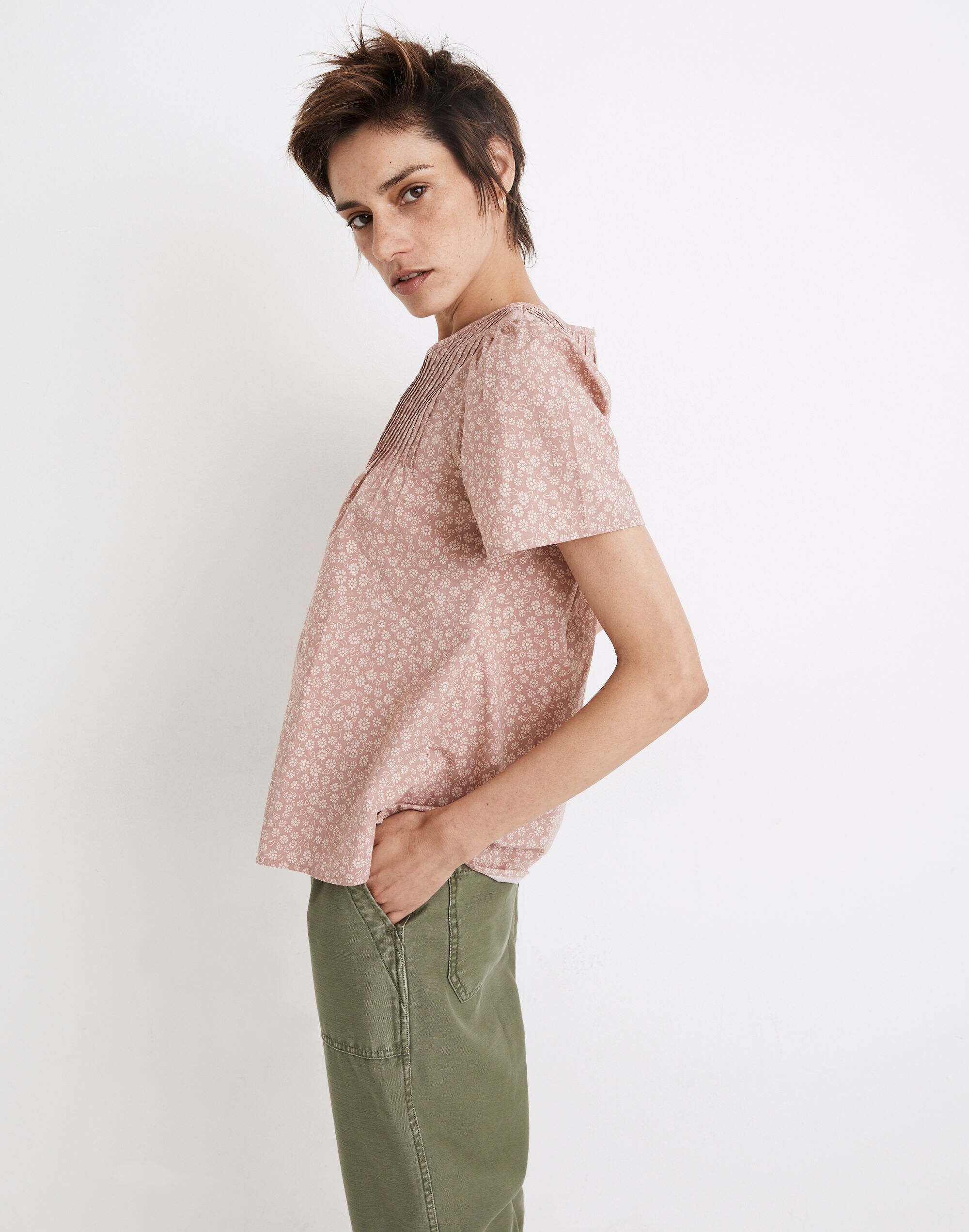 Short-Sleeve Pintuck Top in Parisian Ditsy