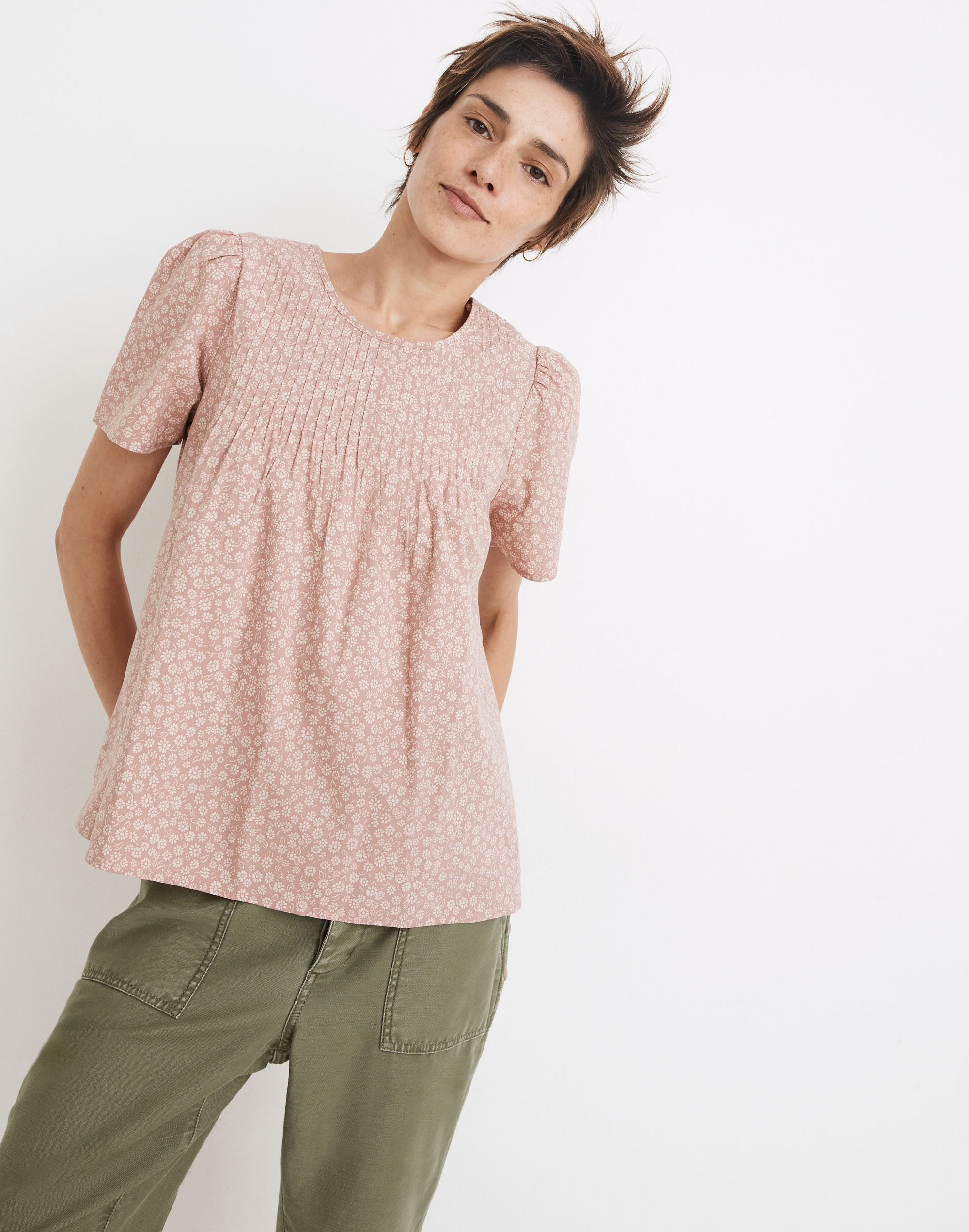 Short-Sleeve Pintuck Top in Parisian Ditsy