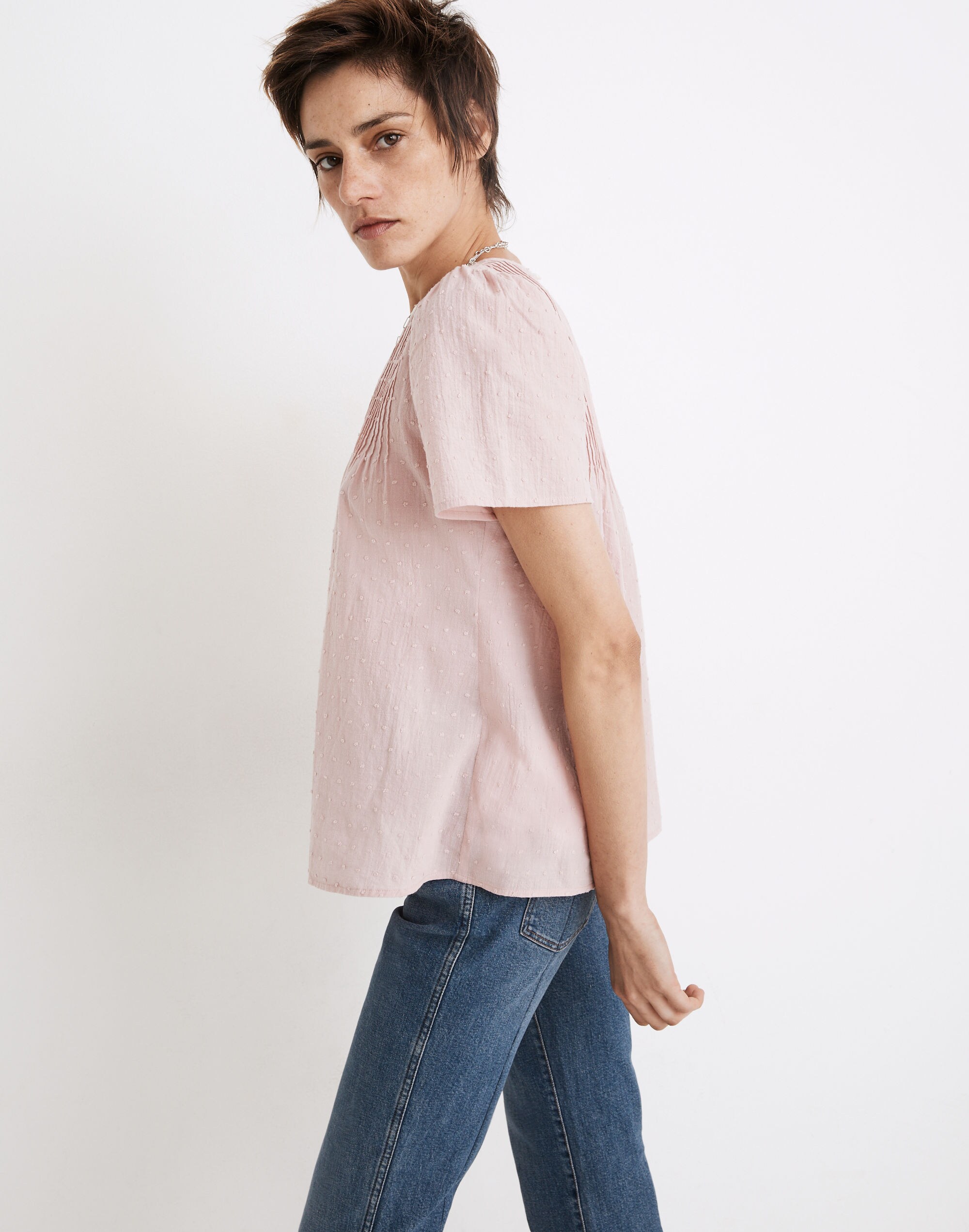 Short-Sleeve Pintuck Top in Swiss Dot