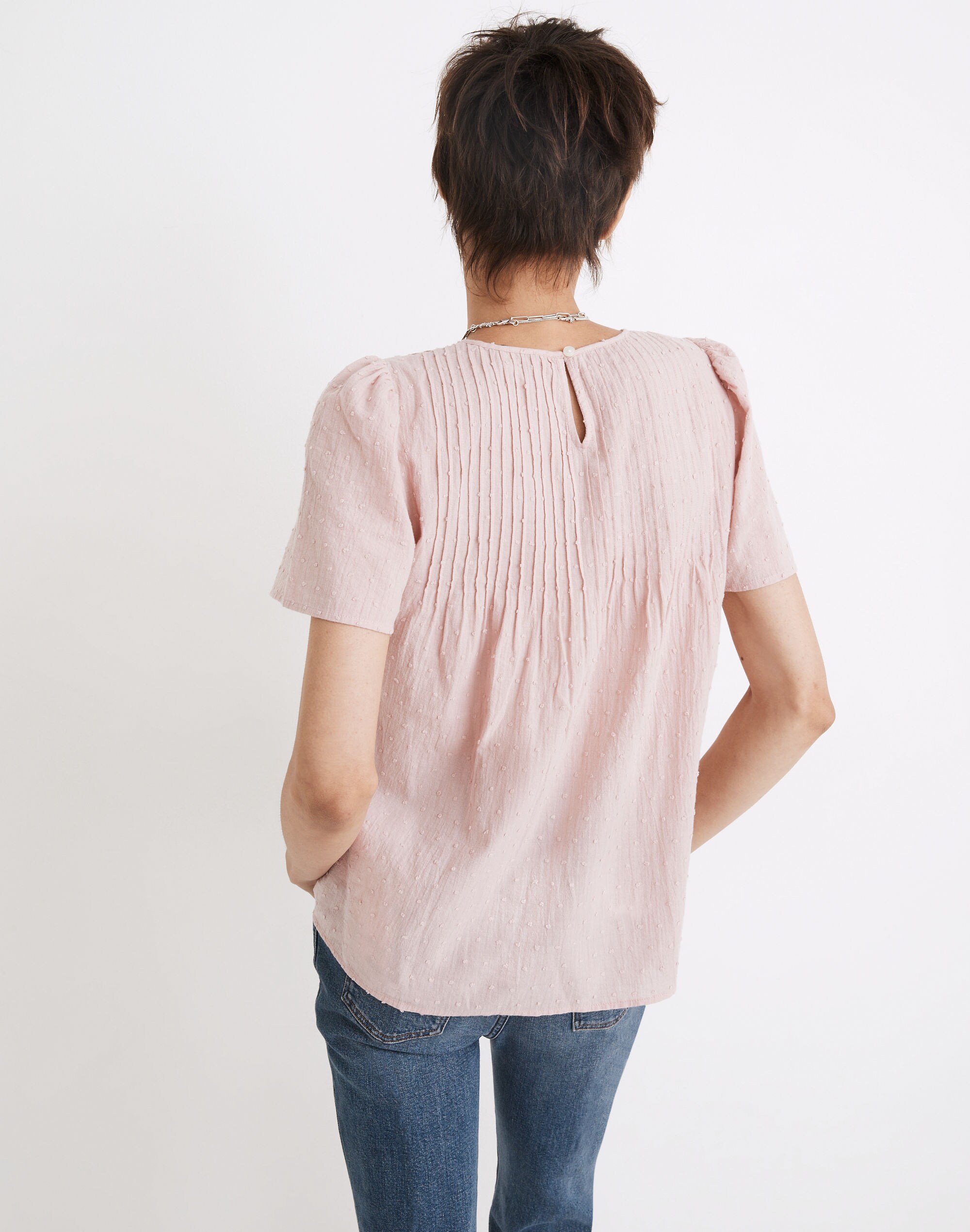 Short-Sleeve Pintuck Top in Swiss Dot