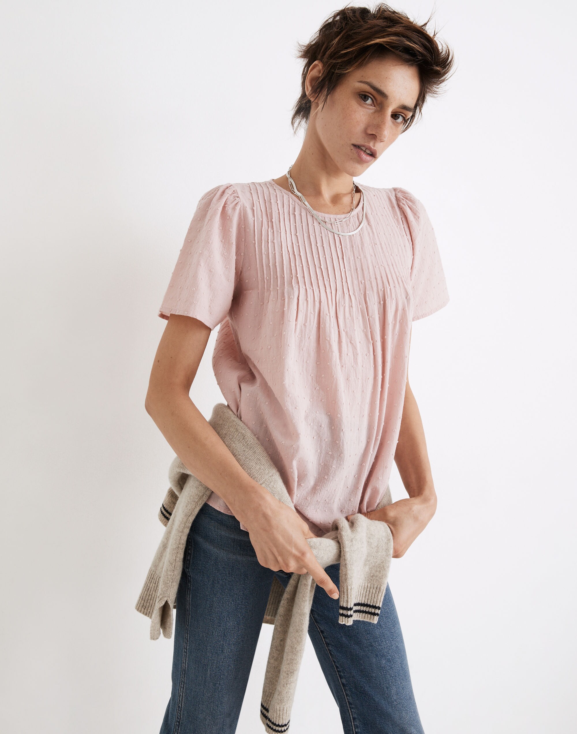 Short-Sleeve Pintuck Top in Swiss Dot