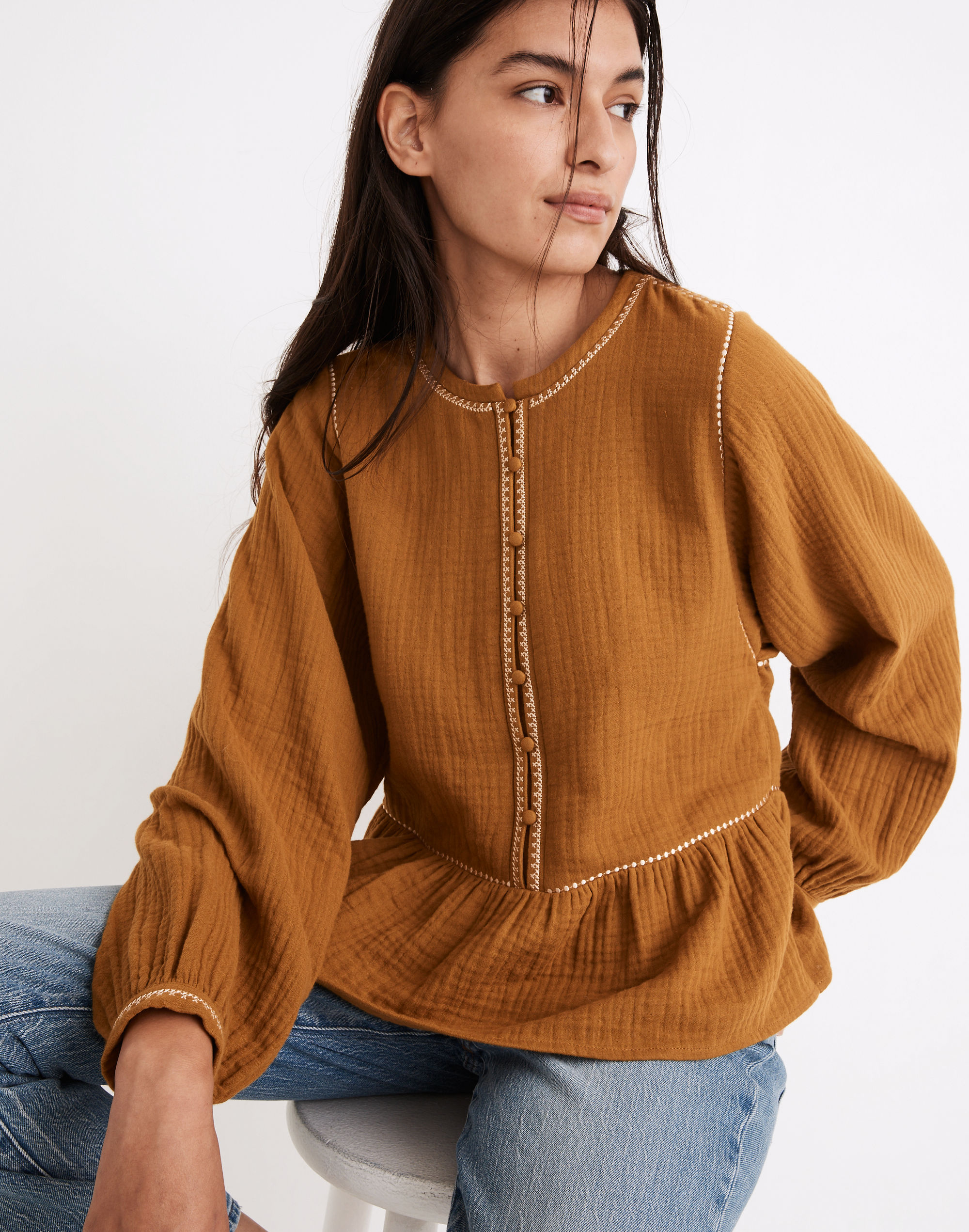 embroidered-trim lightspun covered-button top
