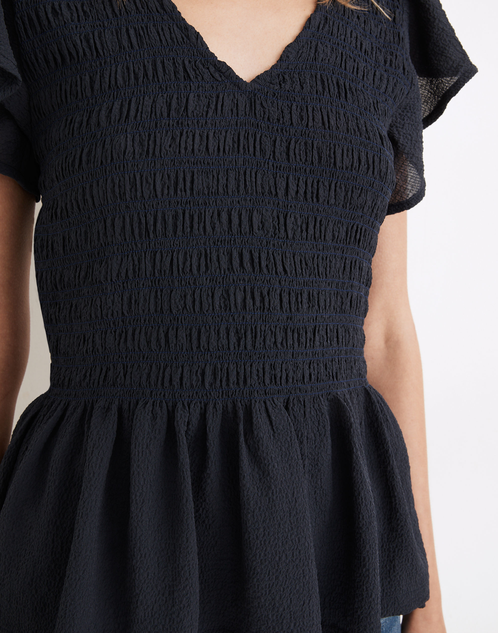 V-Neck Flutter-Sleeve Smocked Top in Textured Chiffon