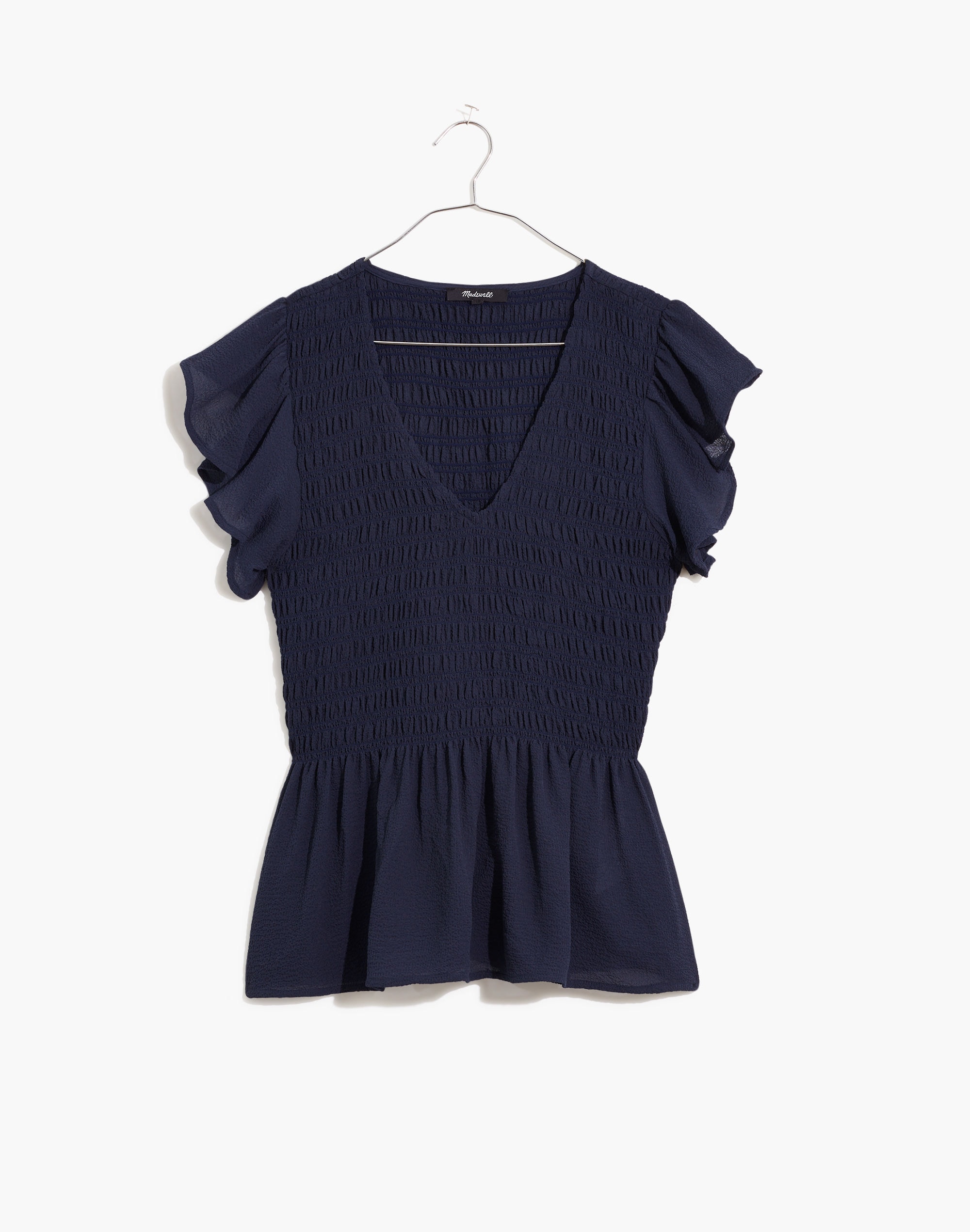 V-Neck Flutter-Sleeve Smocked Top in Textured Chiffon