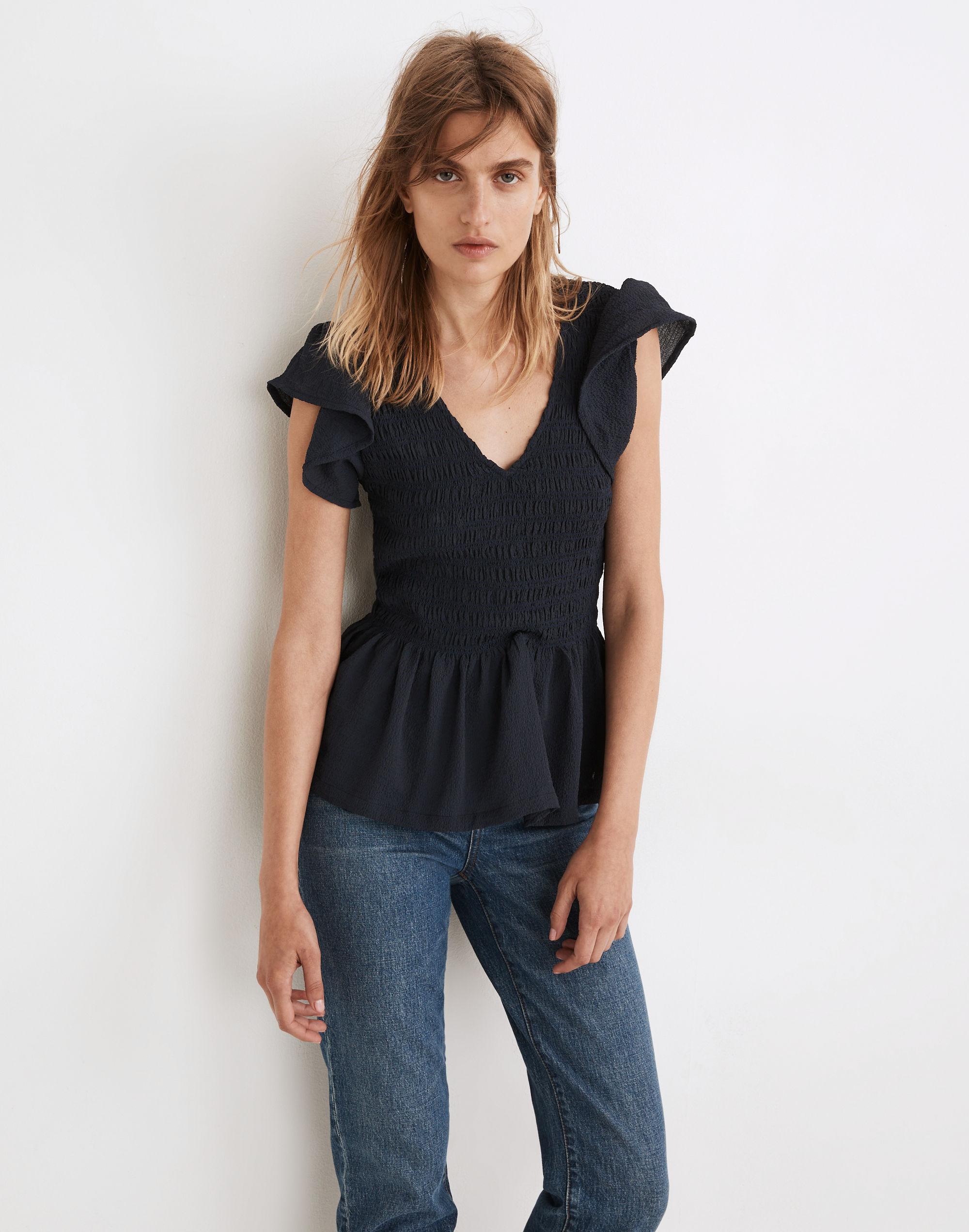 v-neck flutter-sleeve smocked top in textured chiffon