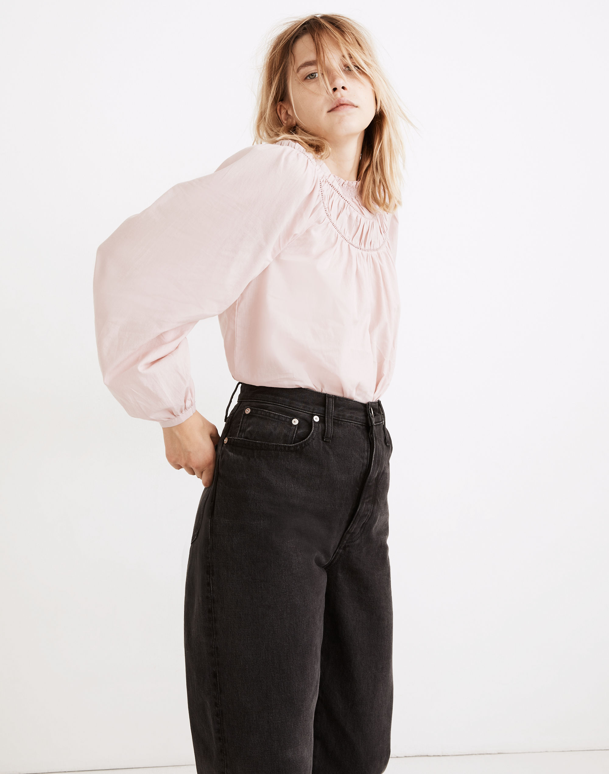 Ladder-Trim Gathered-Neck Top