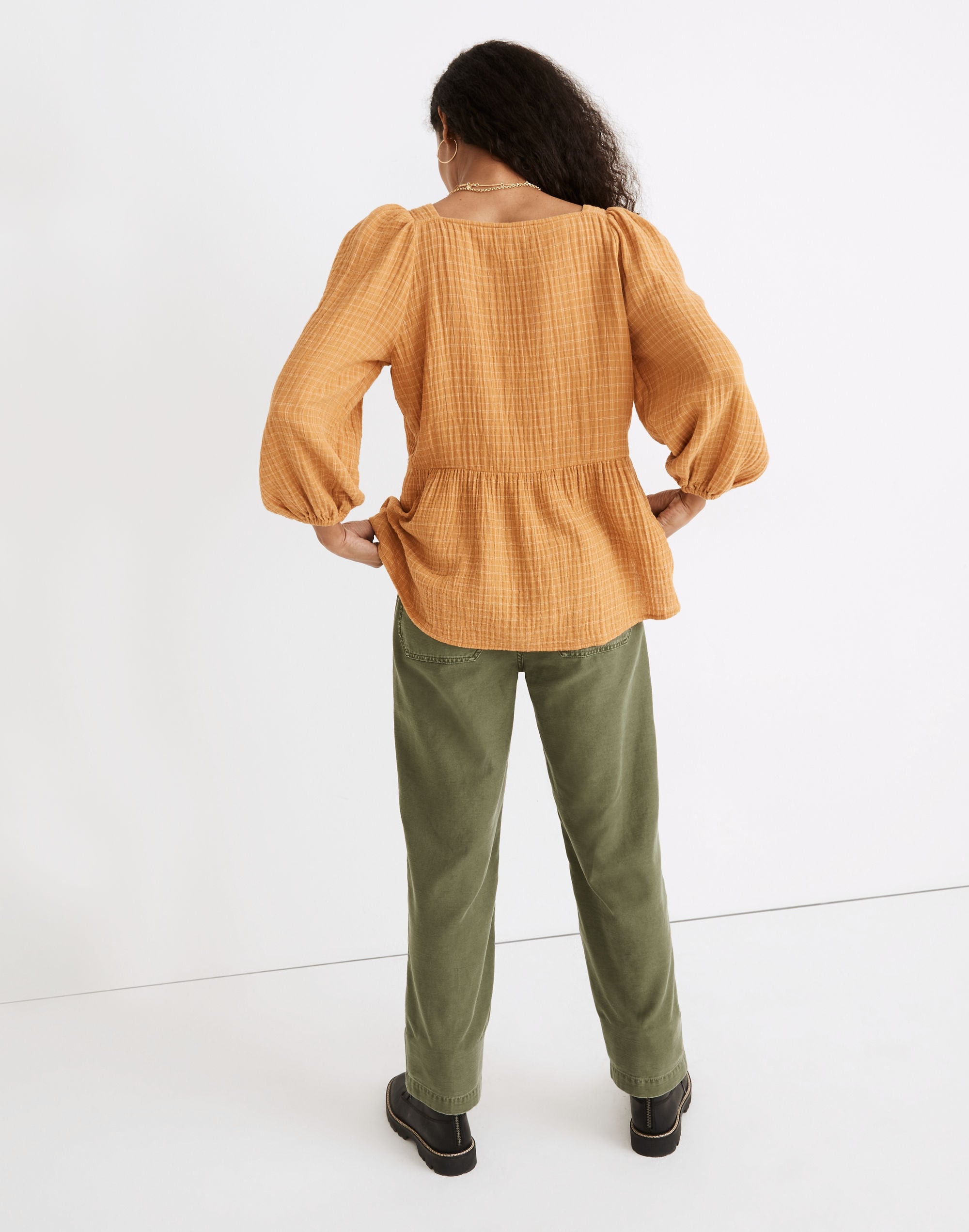 Lightspun Millbrook Puff-Sleeve Peplum Top in Windowpane