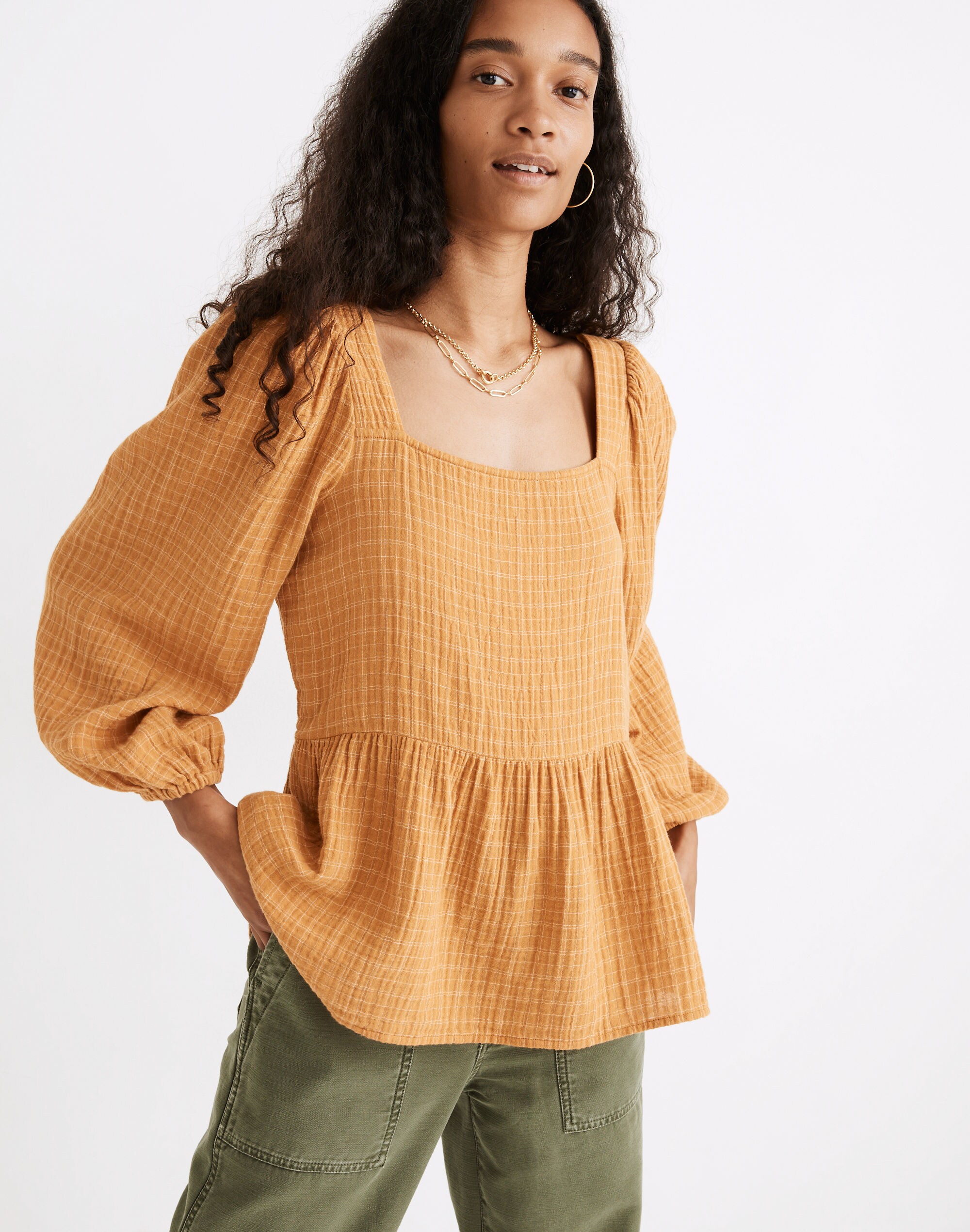 Lightspun Millbrook Puff-Sleeve Peplum Top in Windowpane