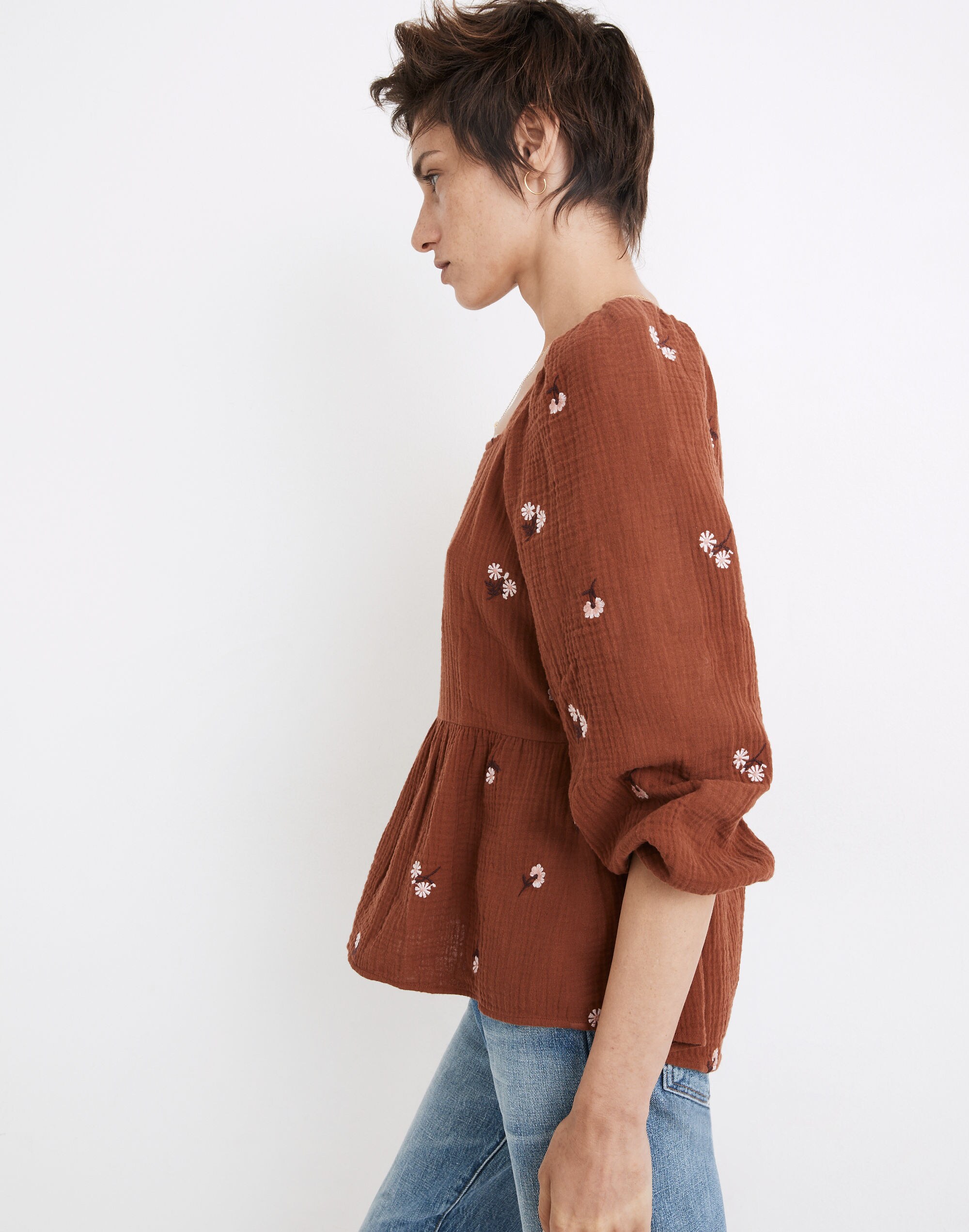 Amie Floral Embroidered Lightspun Millbrook Puff-Sleeve Peplum Top