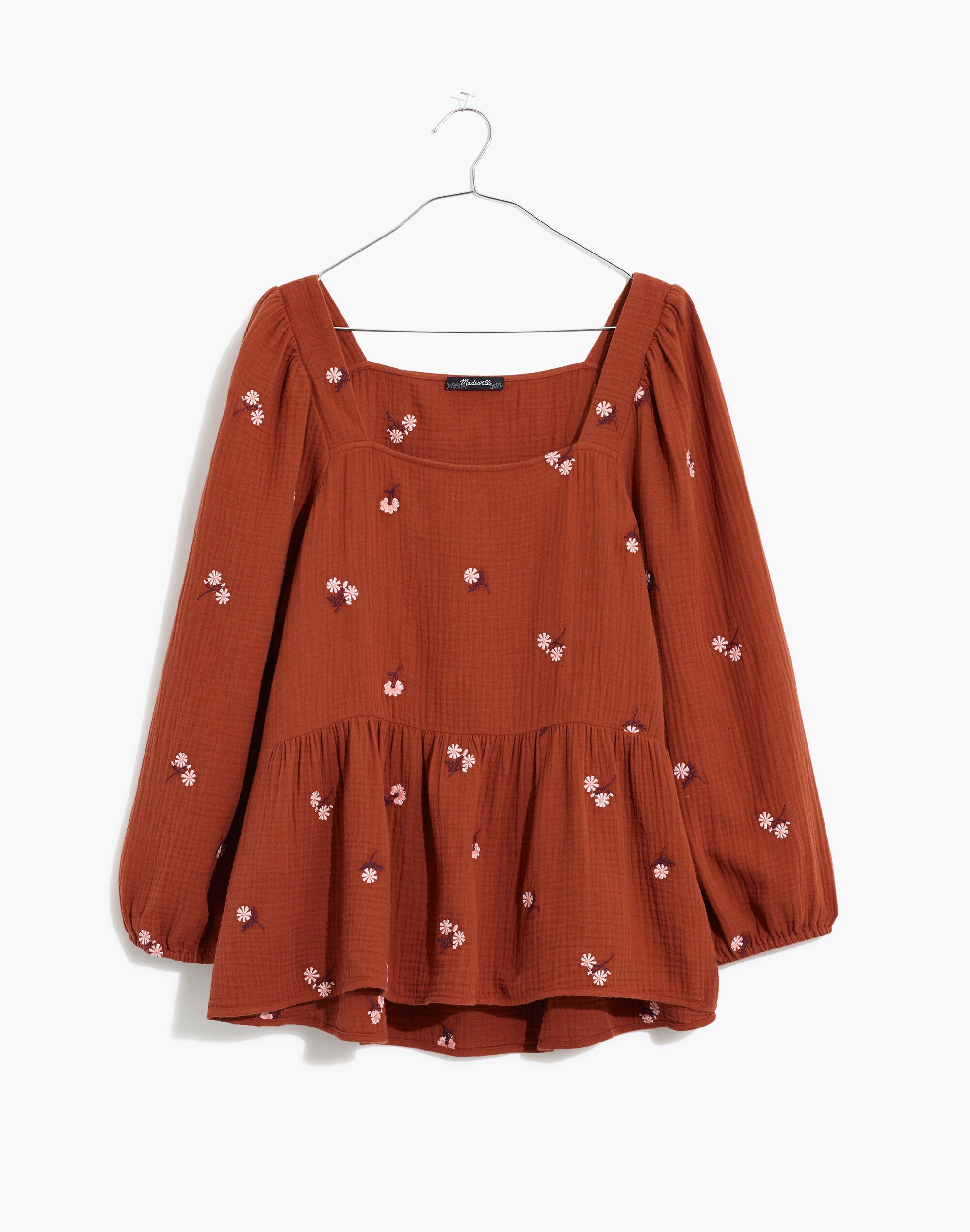 Amie Floral Embroidered Lightspun Millbrook Puff-Sleeve Peplum Top