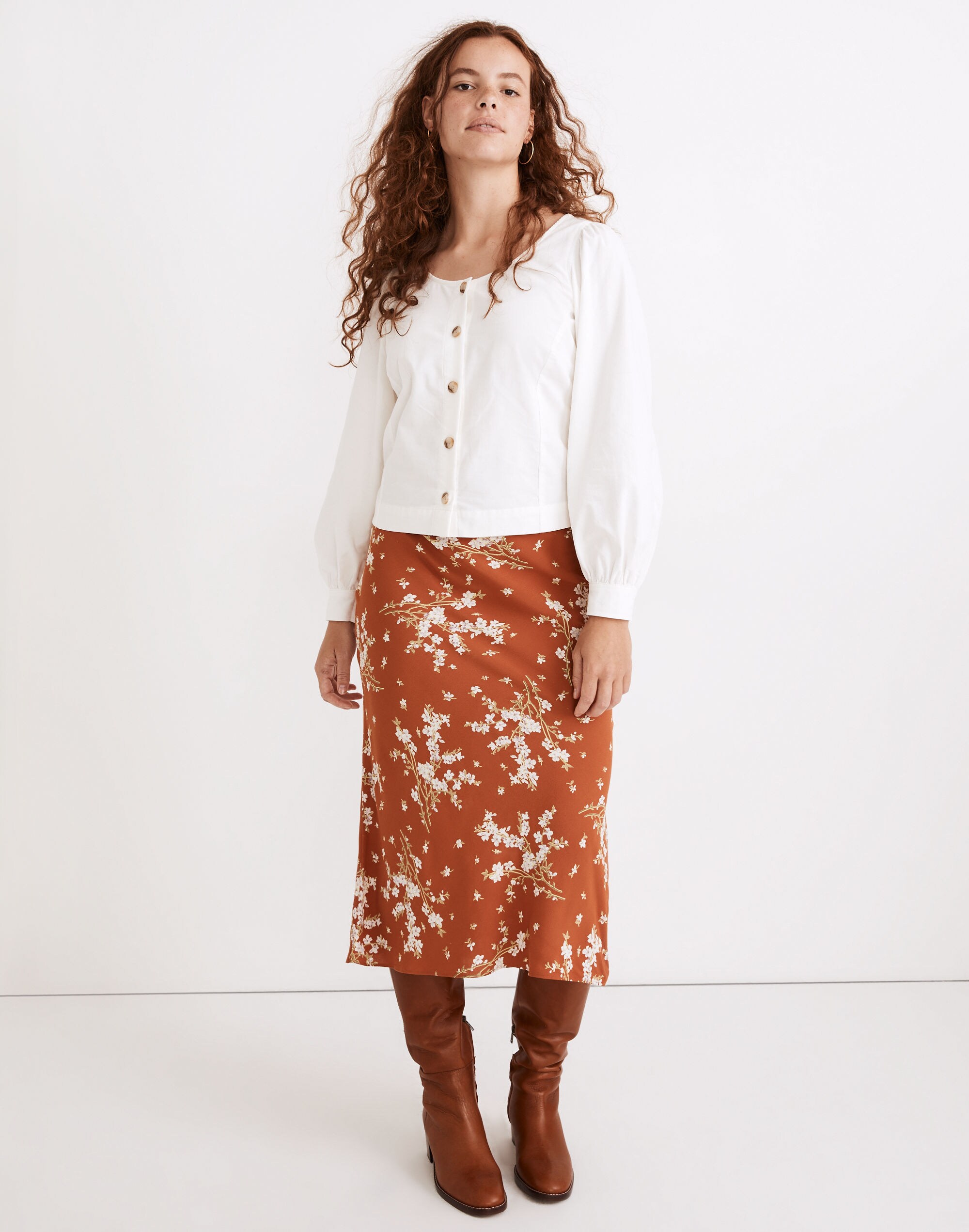 Corduroy Shirred-Sleeve Button-Front Top