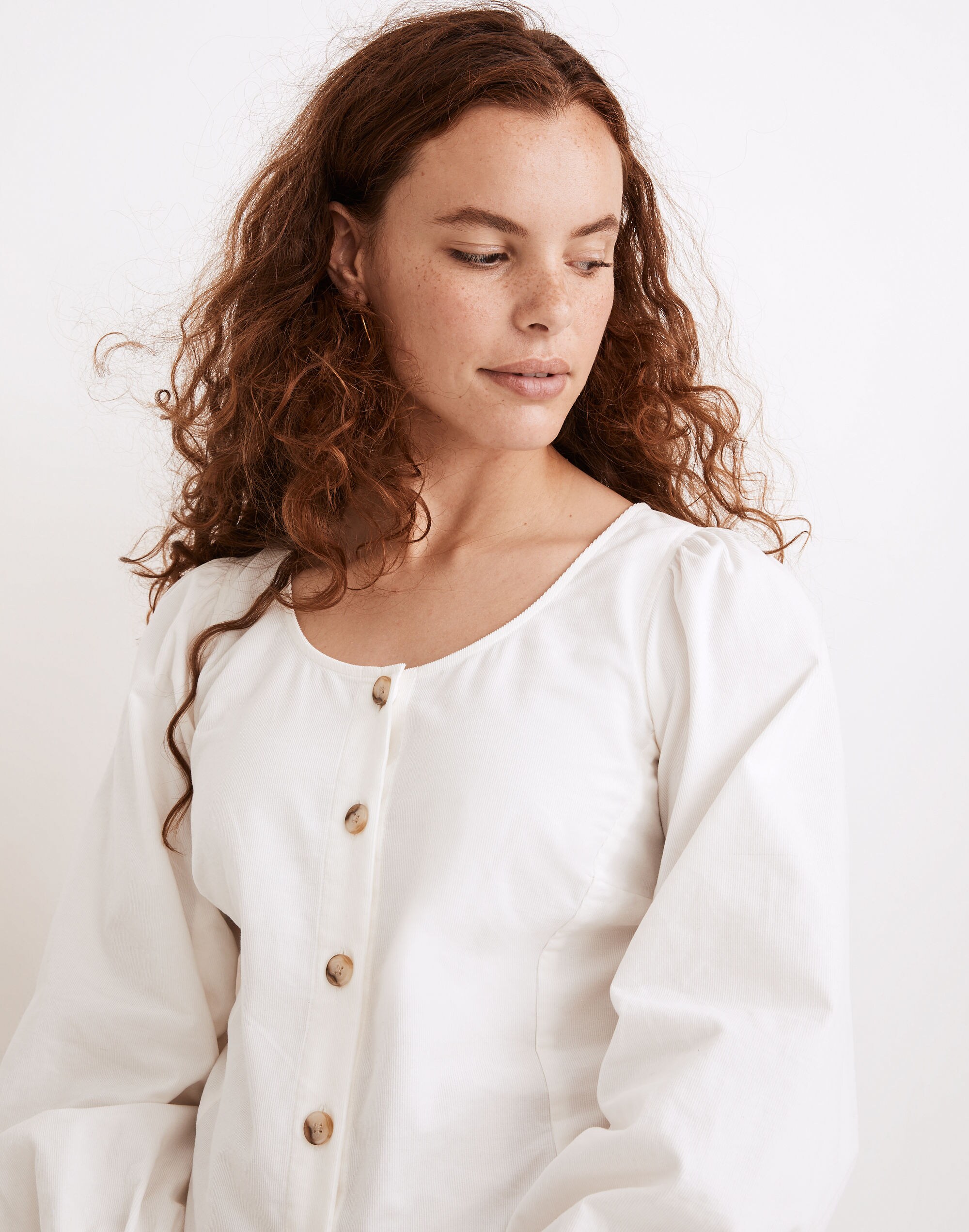 Corduroy Shirred-Sleeve Button-Front Top