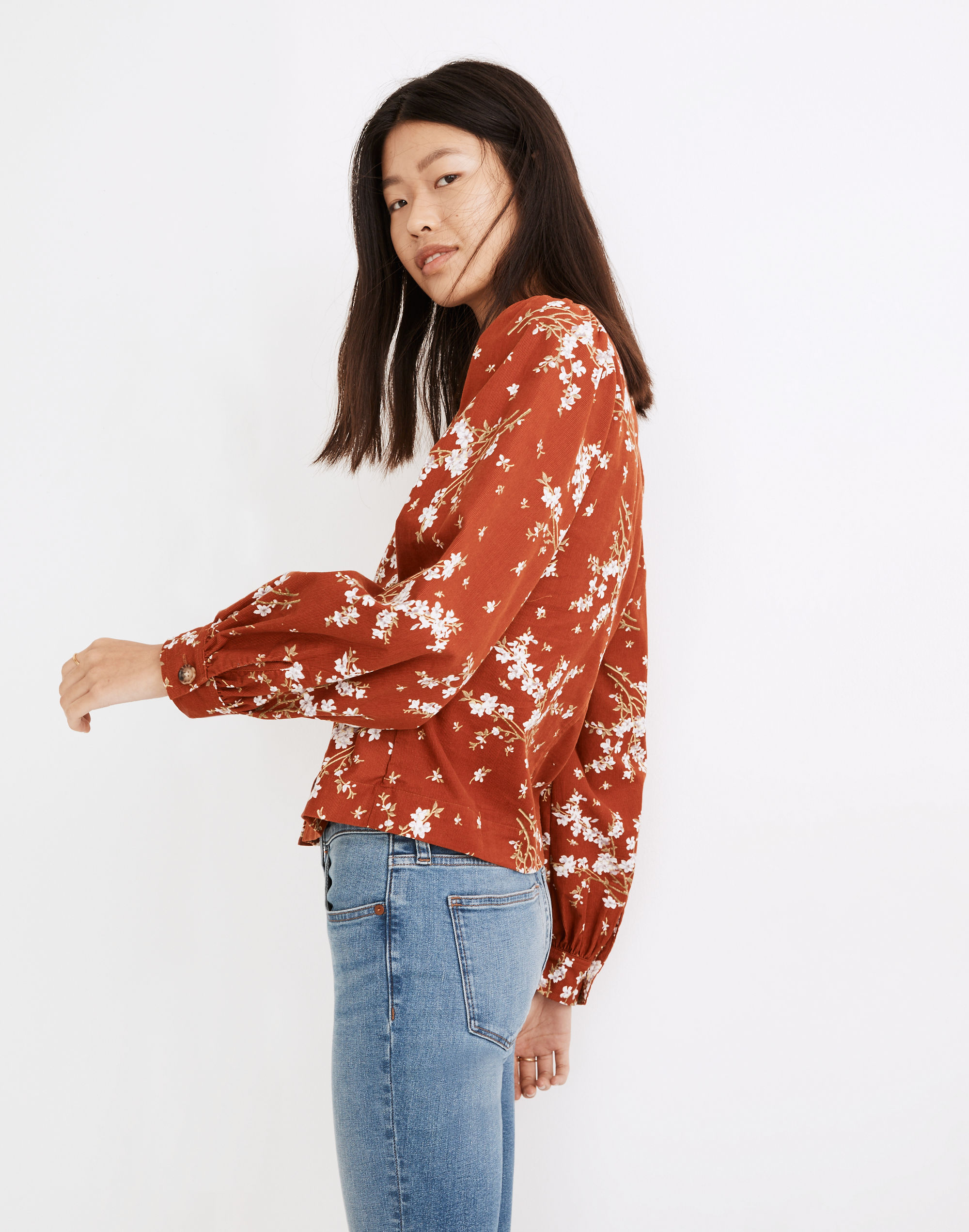 Corduroy Shirred-Sleeve Button-Front Top in Farmstand Bouquet