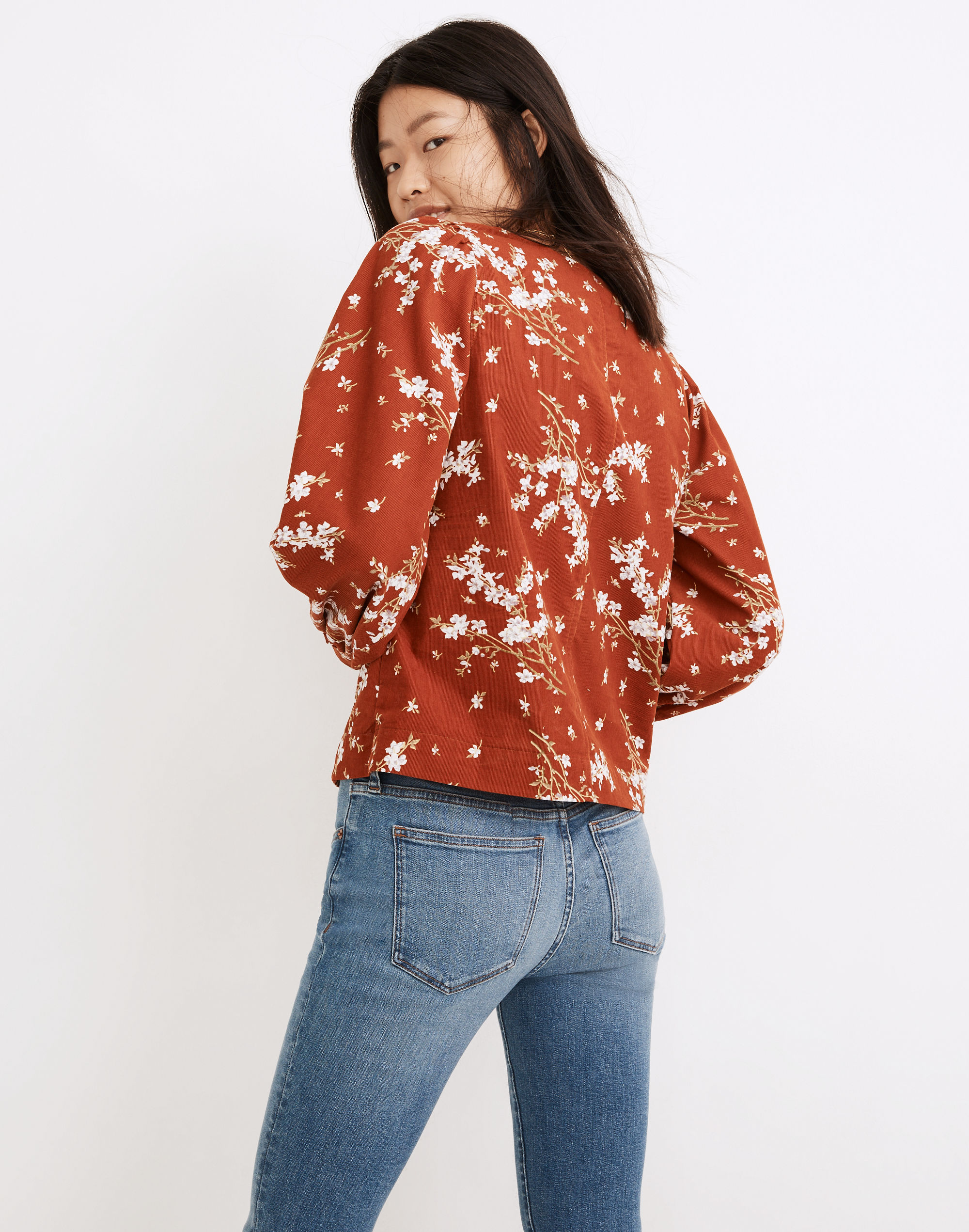 Corduroy Shirred-Sleeve Button-Front Top in Farmstand Bouquet