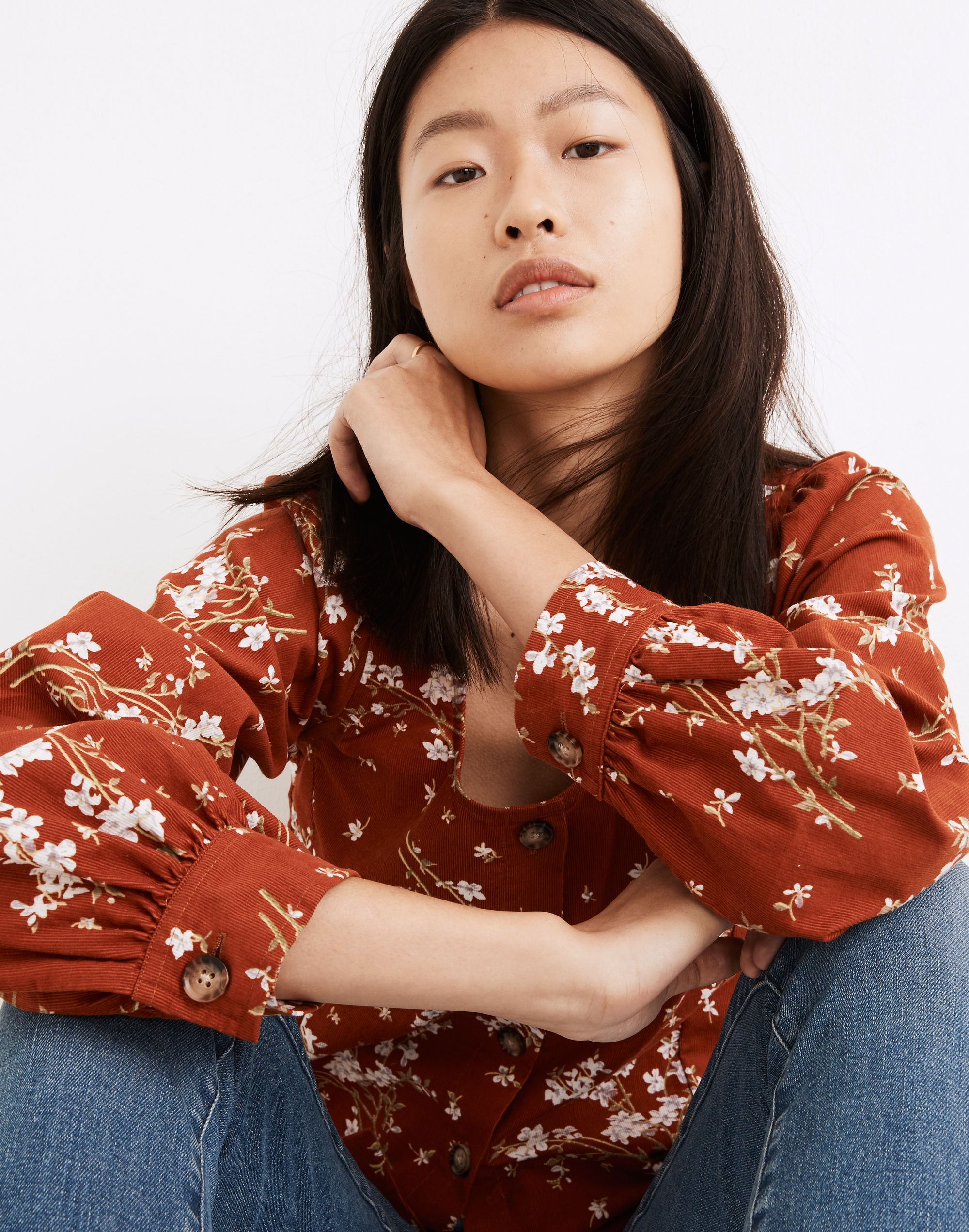 Corduroy Shirred-Sleeve Button-Front Top in Farmstand Bouquet