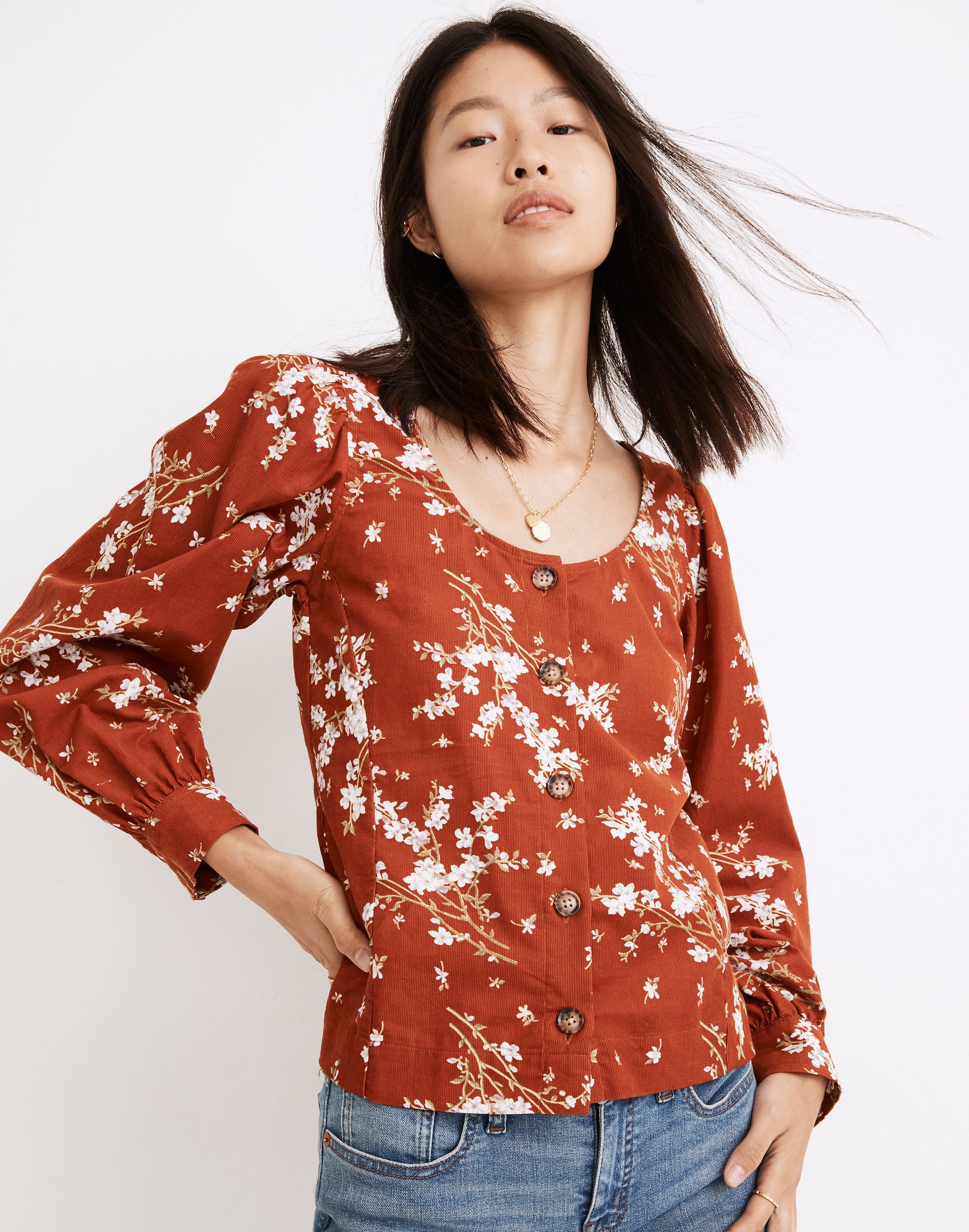 Corduroy Shirred-Sleeve Button-Front Top in Farmstand Bouquet