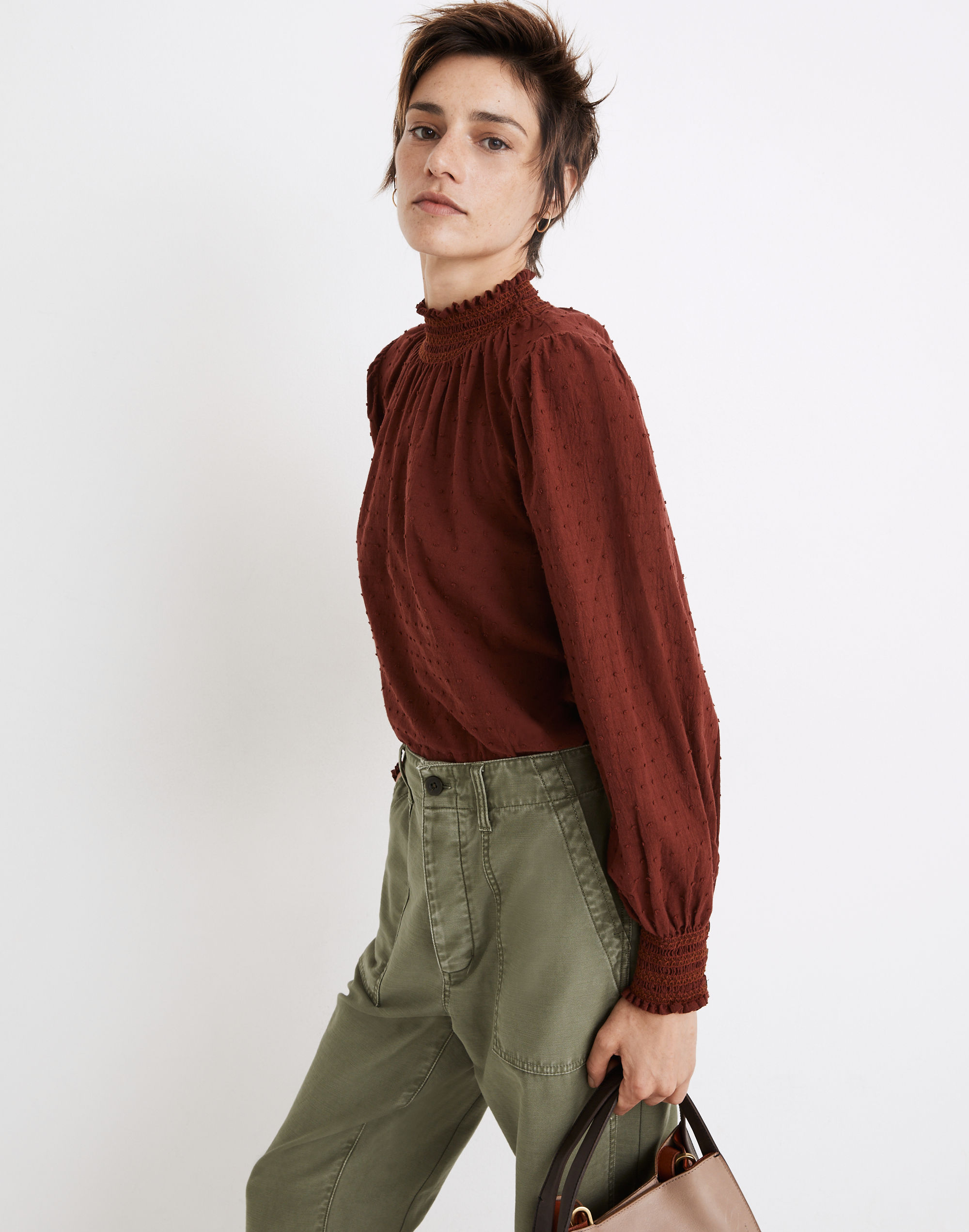 Sheer-Sleeve Mockneck Top in Clip Dot