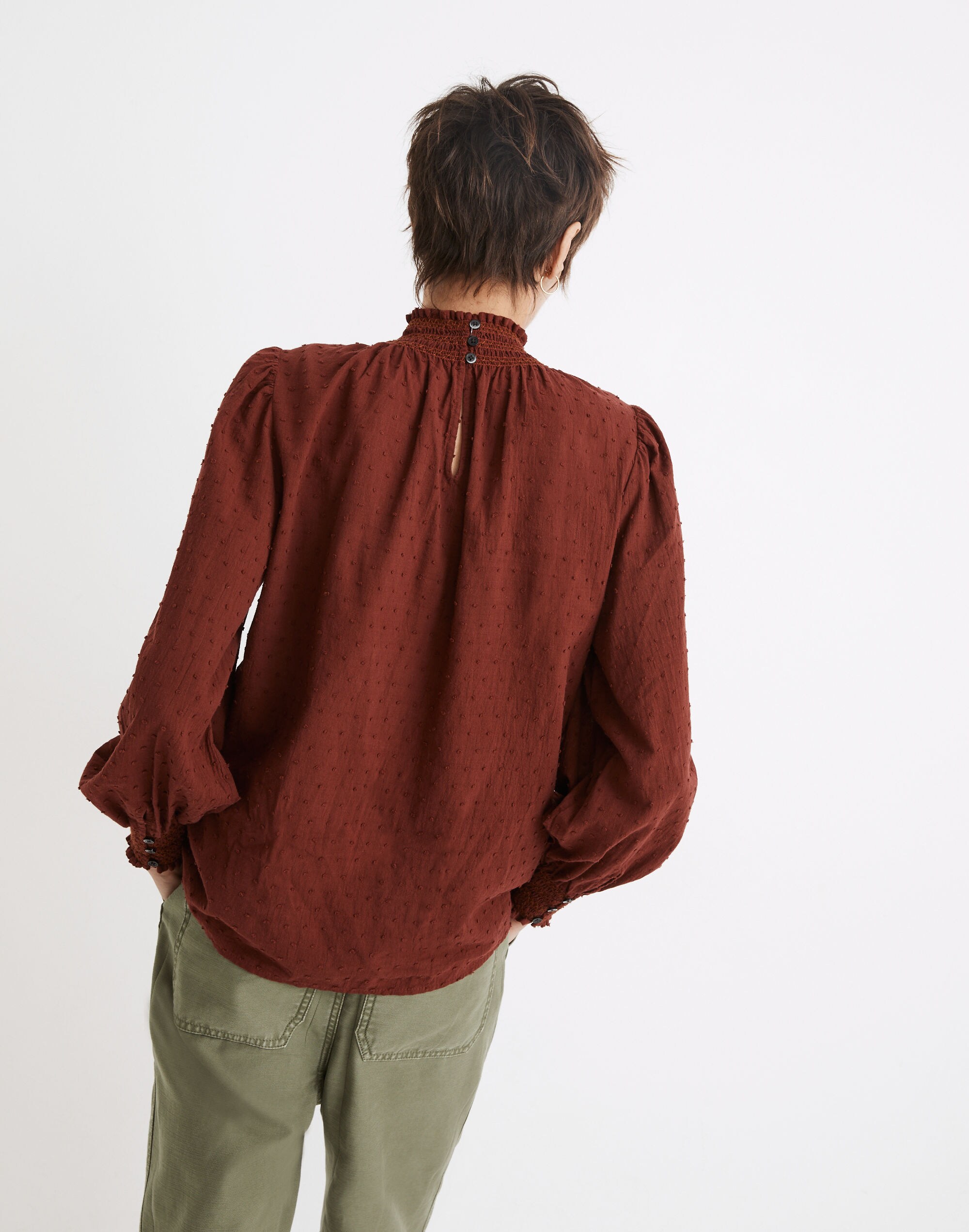 Sheer-Sleeve Mockneck Top in Clip Dot