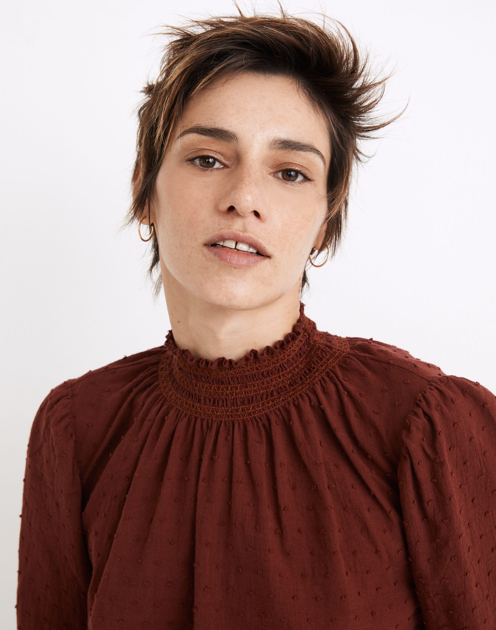 Sheer-Sleeve Mockneck Top in Clip Dot