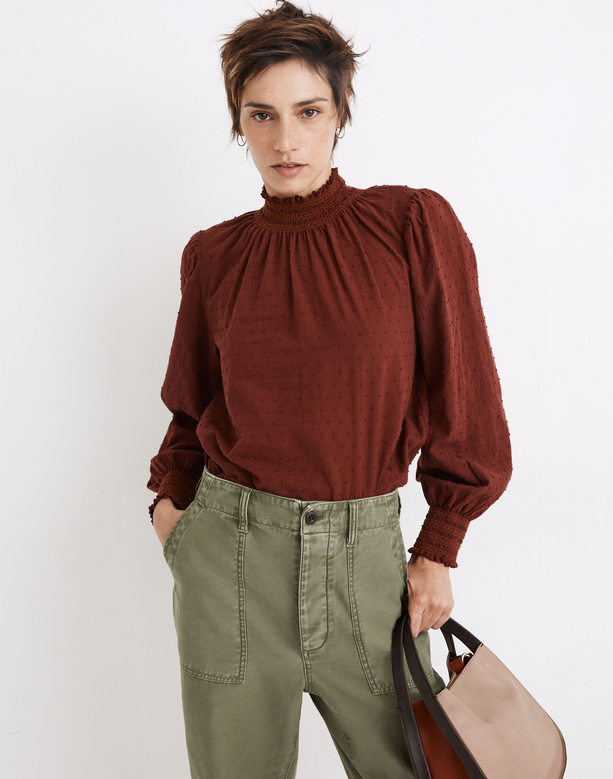 Sheer-Sleeve Mockneck Top in Clip Dot