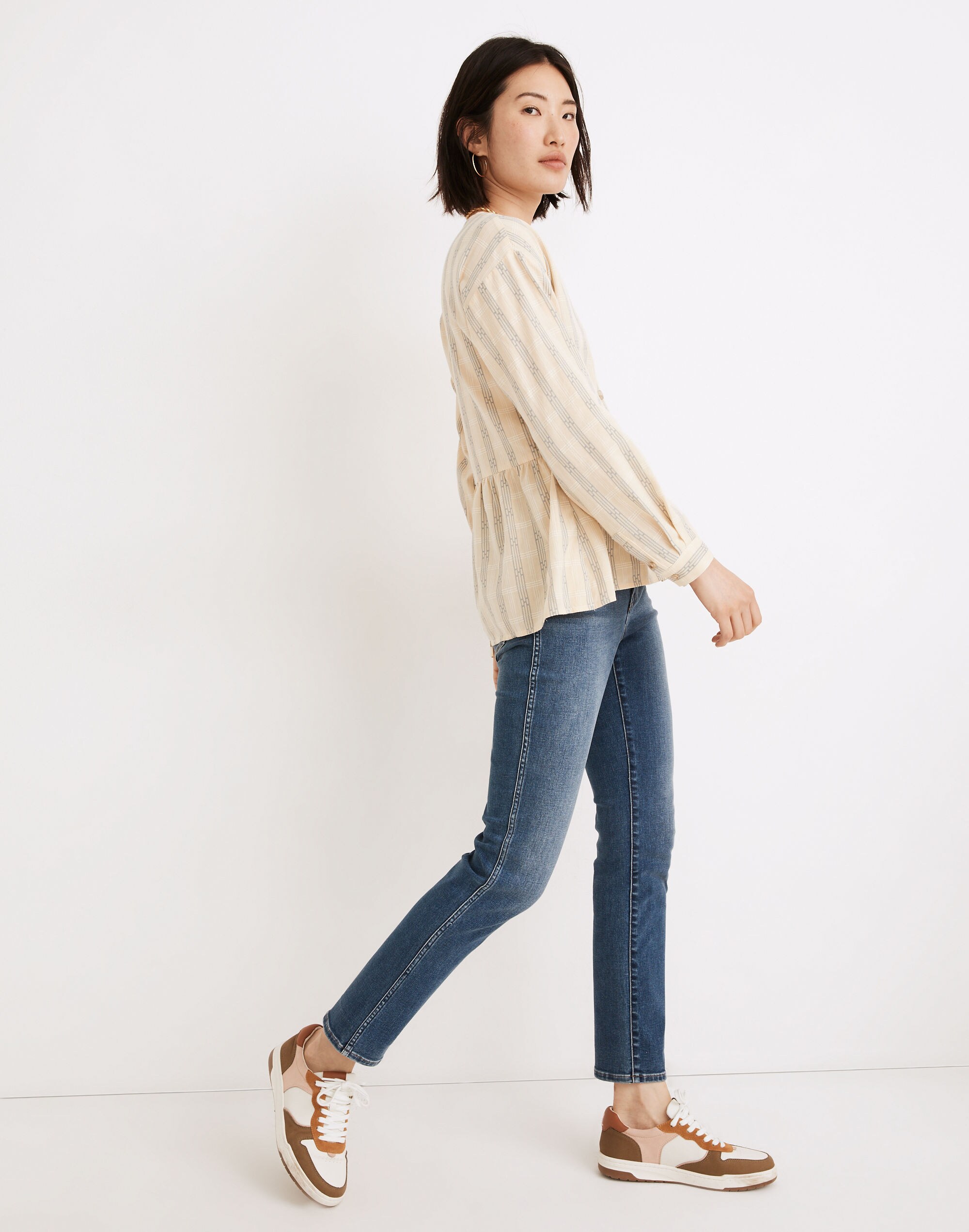 Button-Front Peplum Top in Dobby Jacquard