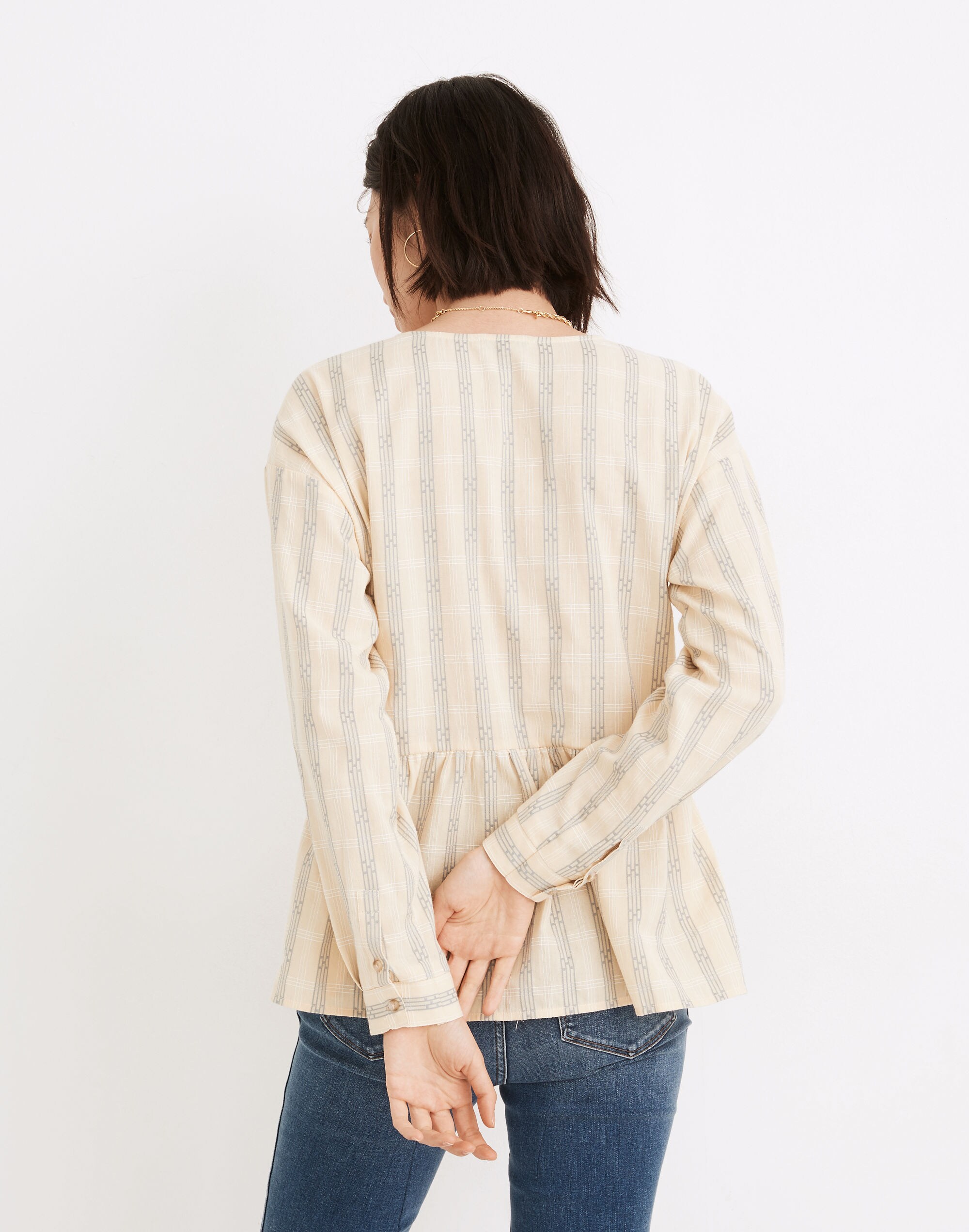 Button-Front Peplum Top in Dobby Jacquard