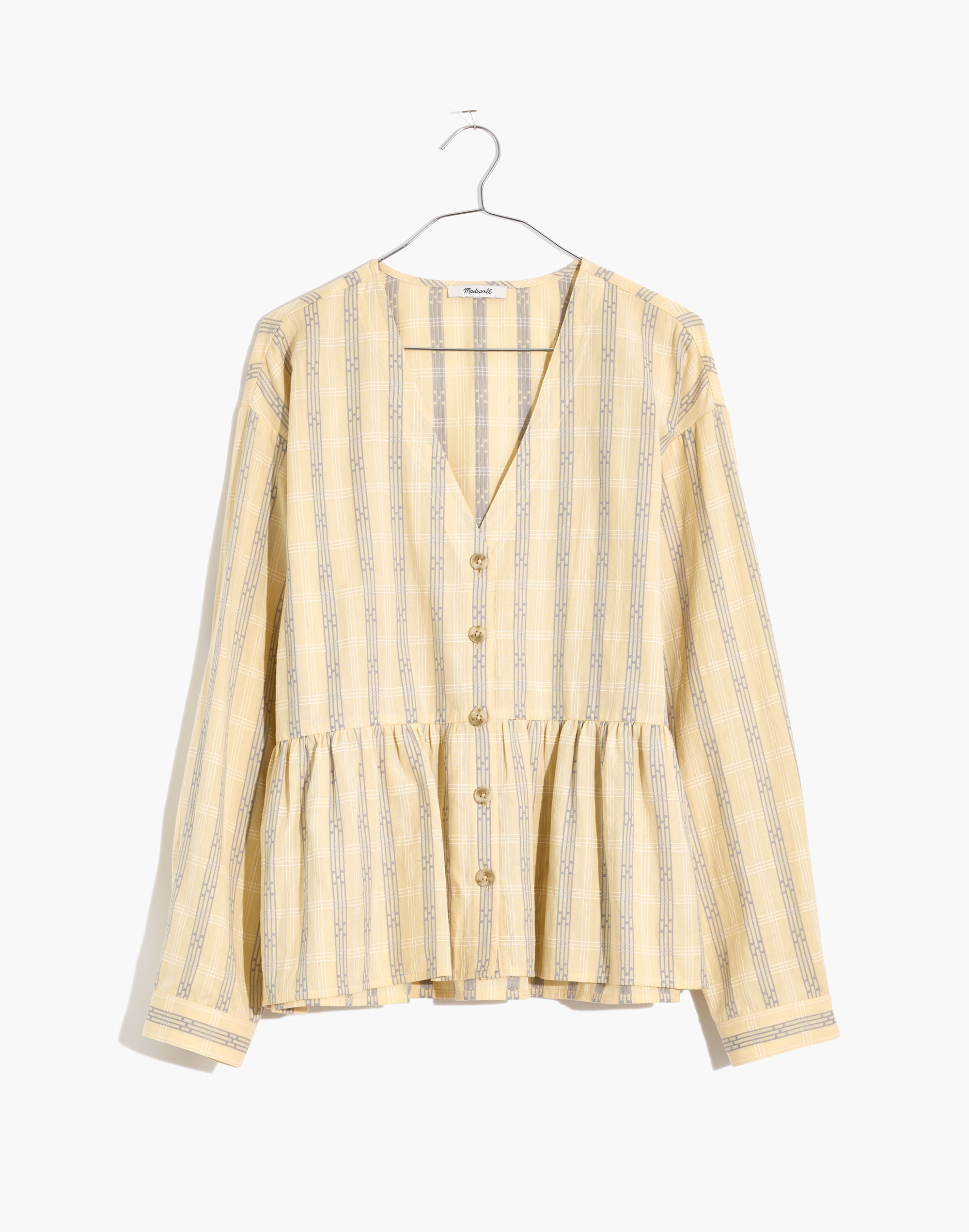 Button-Front Peplum Top in Dobby Jacquard