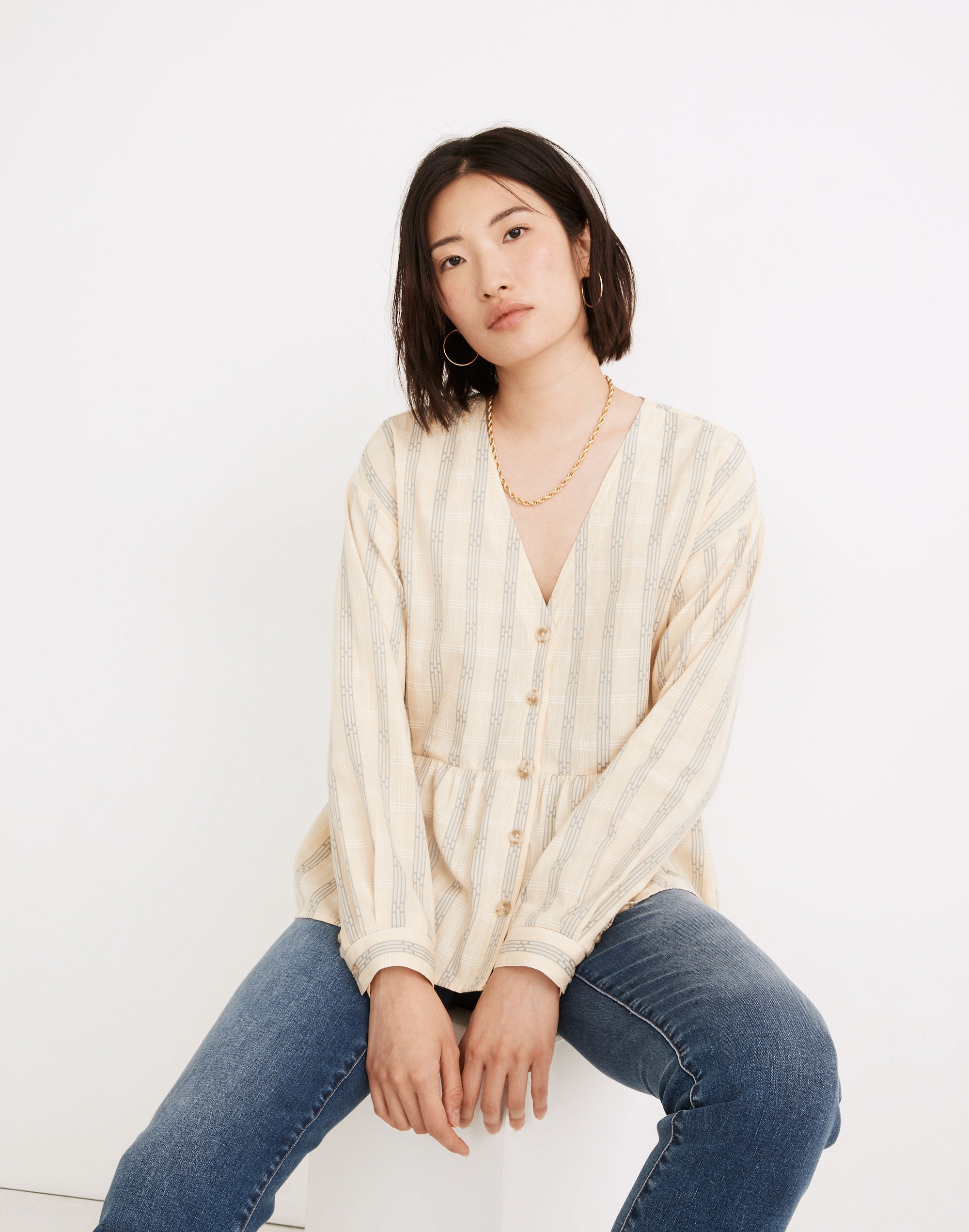 button-front peplum top in dobby jacquard