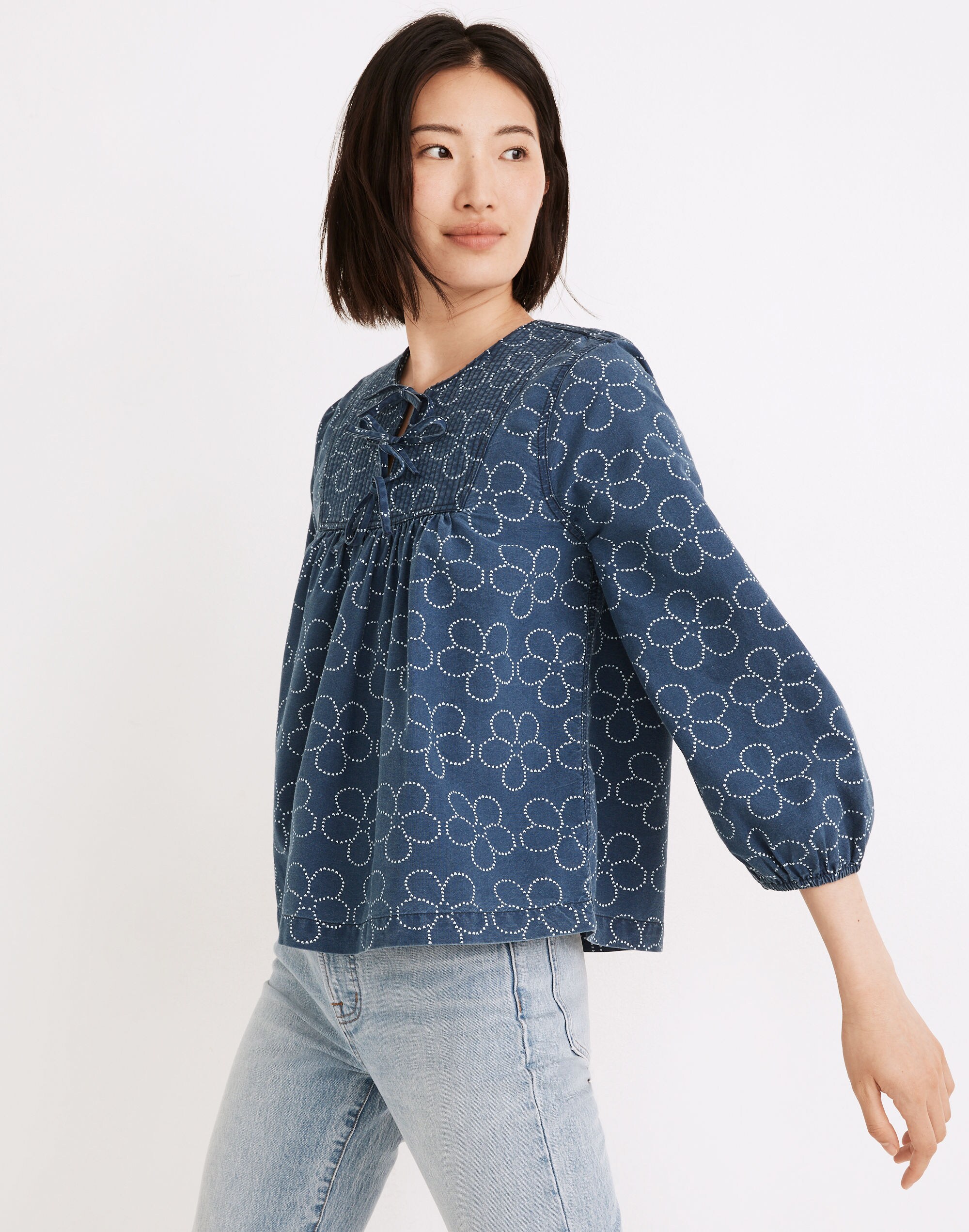 Quilted Tie-Front Bib Top in Indigo Floral