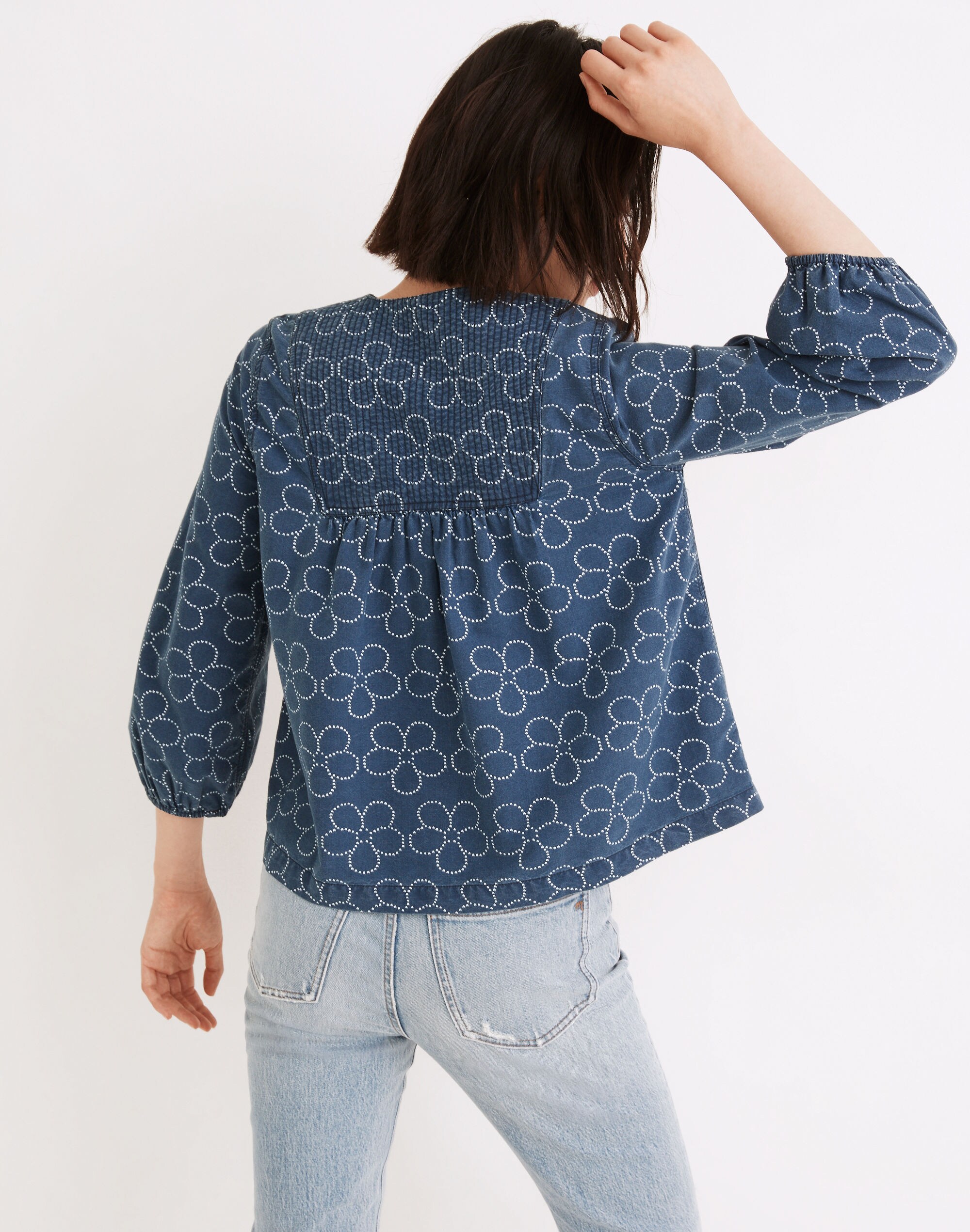 Quilted Tie-Front Bib Top in Indigo Floral