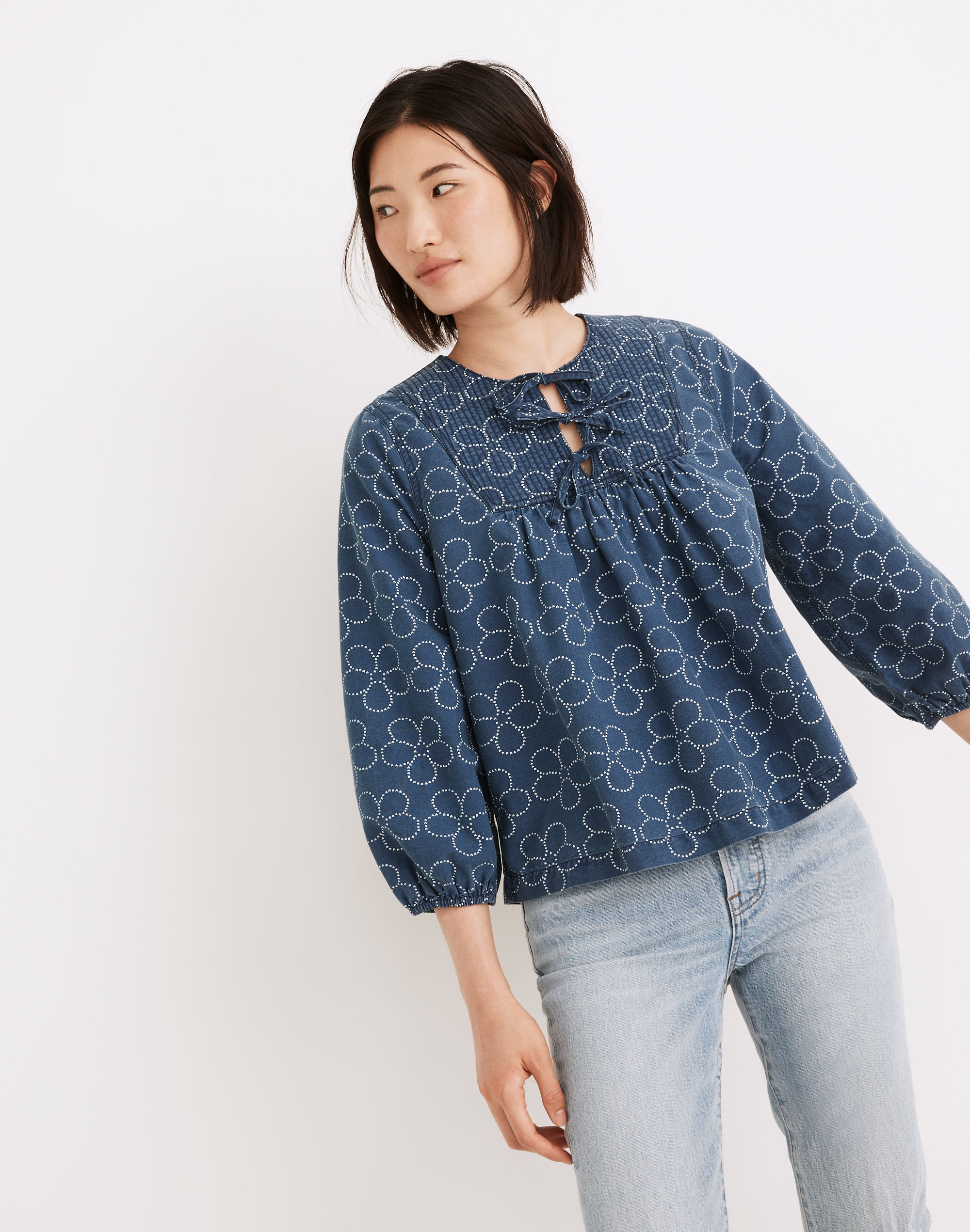 Quilted Tie-Front Bib Top in Indigo Floral